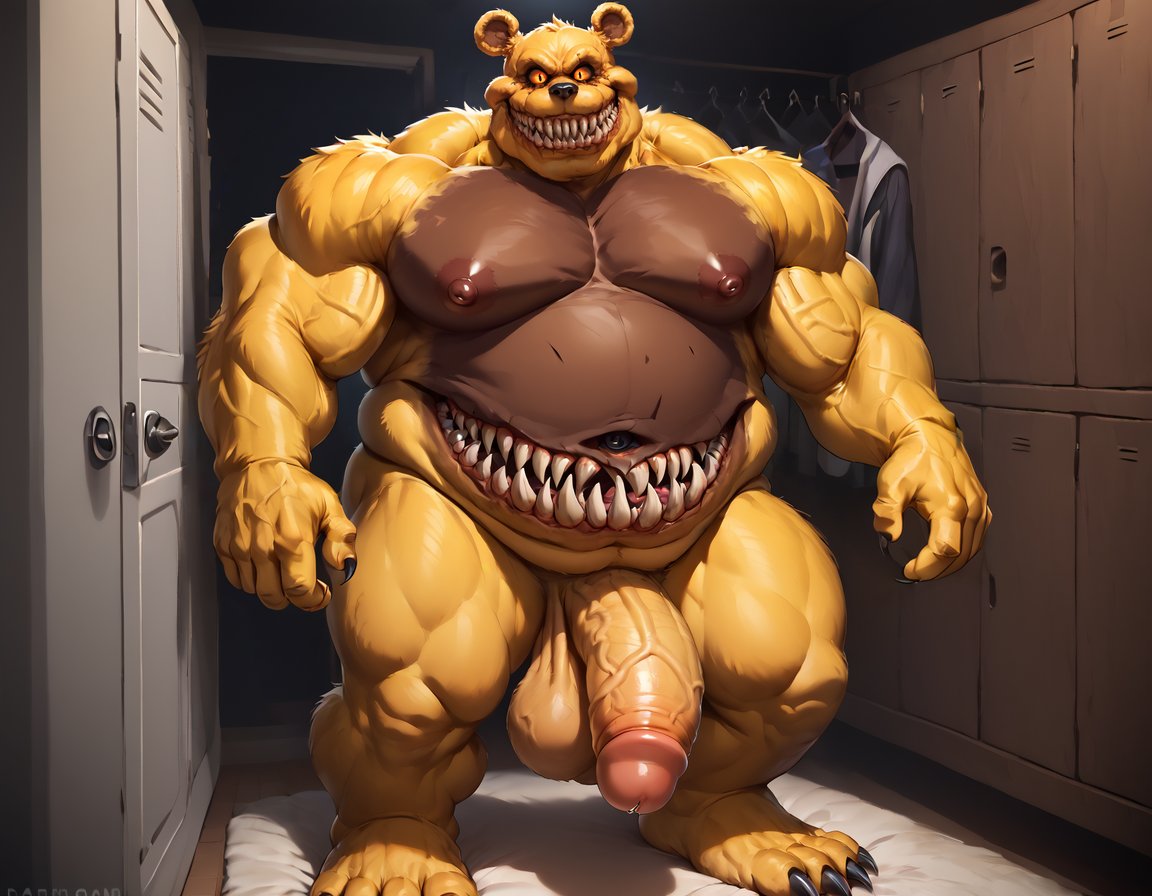 ai_generated anthro bear big_penis booster_rex brown_body brown_skin five_nights_at_freddy's five_nights_at_freddy's_4 fnaf gay male male_only muscular nightmare_fredbear_(fnaf) penis scary scary_eyes scary_face scary_smile scottgames