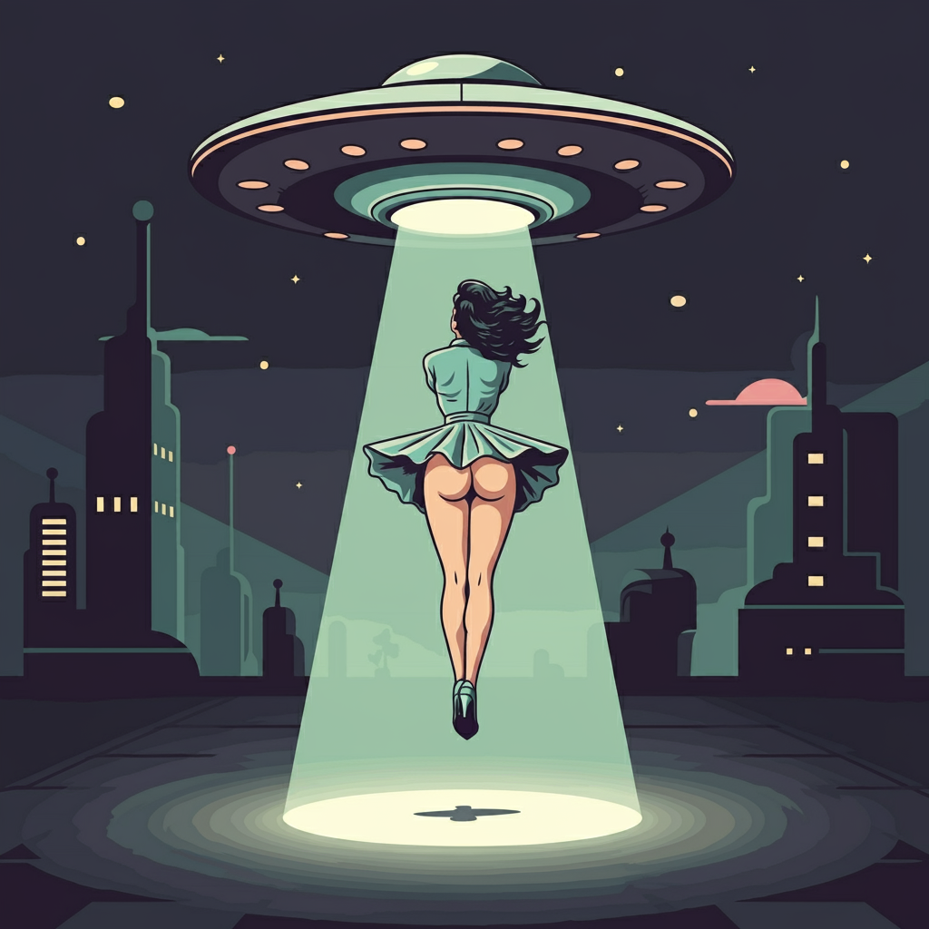 abduction ai_generated ass flashing pinup_girl retro retro_artstyle retro_future ufo upskirt