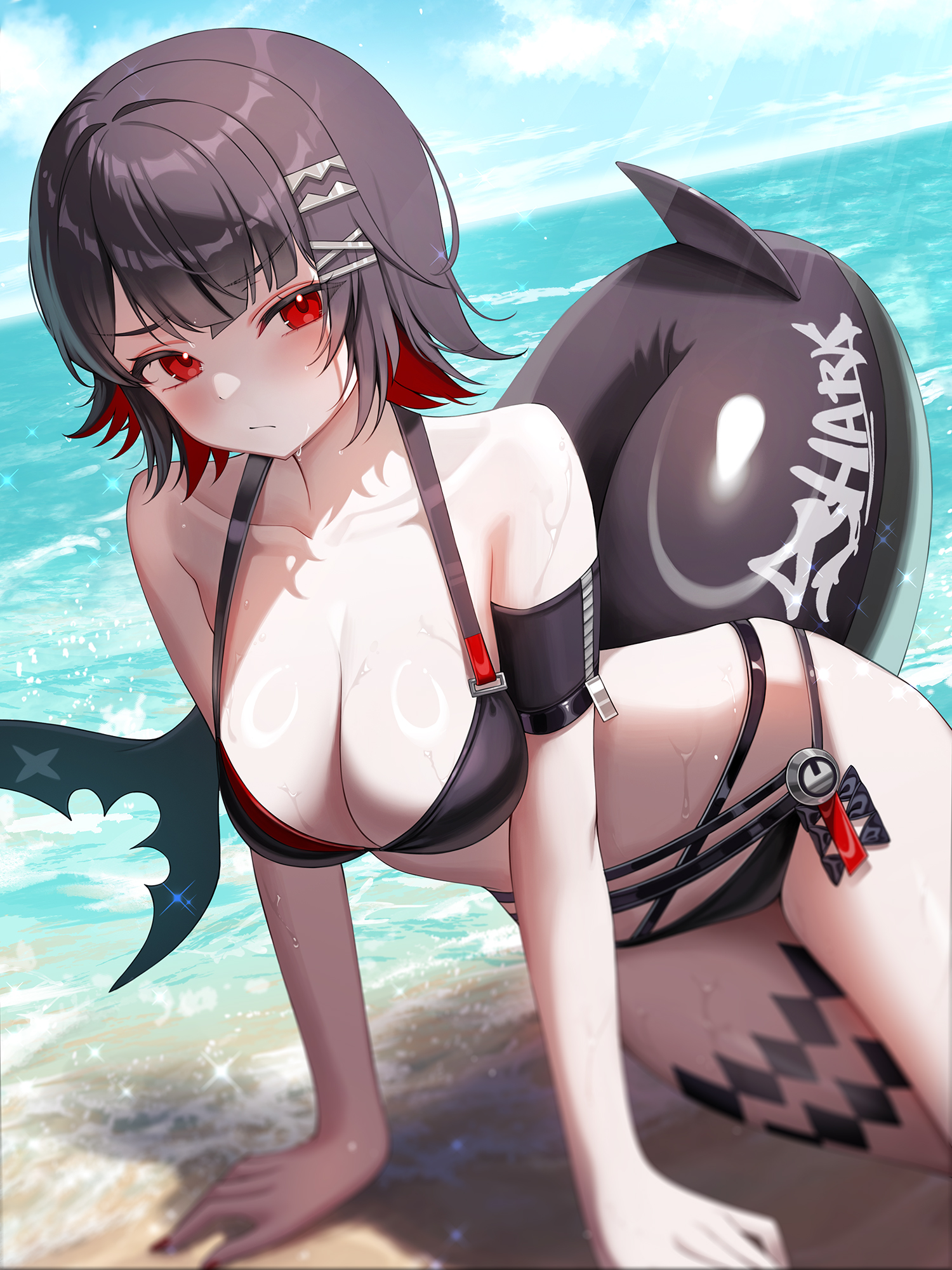all fours, beach, bikini, blush, breasts, closed mouth, depth of field, ellen joe, embarrassed, female, furrowed brow, large breasts, looking to the side, mellozzo, nail polish, on side, painted nails, reclining, shark girl, shark tail, swimsuit, thighs, zenless zone zero