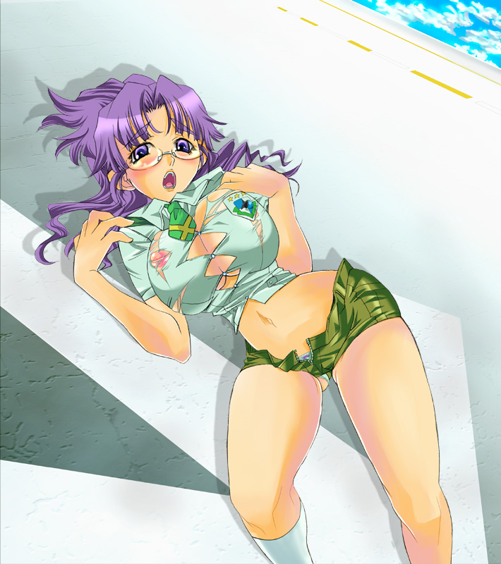 1girls breasts bursting_breasts clothing cosplay curvy footwear hips hotpants huge_breasts kisou_nowora kneehighs large_breasts luca_angeloni macross macross_frontier matsuura_nanase navel nipple_slip nipples purple_eyes purple_hair school_uniform short_shorts shorts socks solo tan torn_clothes white_kneehighs white_legwear wide_hips