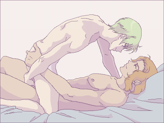 2boys alejandro_corner ass bed bed_sheet bedsheets feet_out_of_frame gay green_hair gundam human male male_only multiple_boys nude orange_hair ribbons_almark straddle yaoi