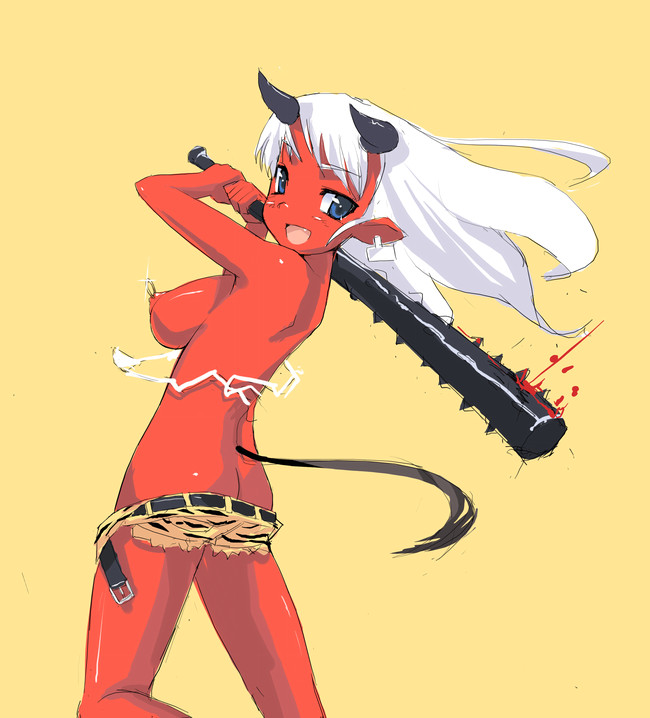 ass blood blue_eyes breasts club copyright_request cute_fang demon_girl horns kanabo kanabou nipple_piercing nipples oni perky_breasts piercing red_oni red_skin tail tiger_print topless wardrobe_malfunction weapon white_hair