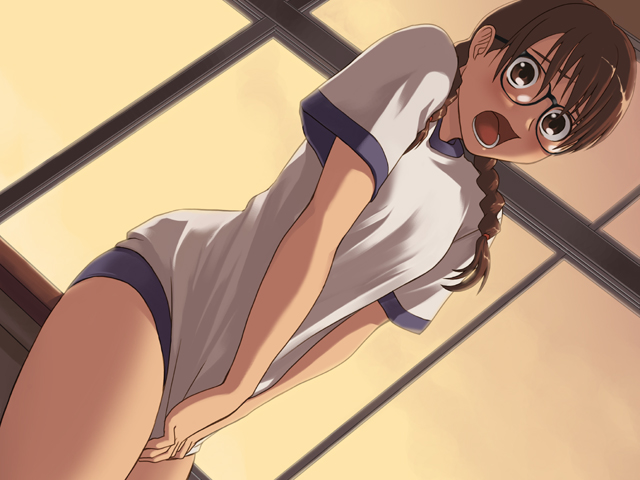 blush brown_eyes brown_hair buruma game_cg glasses gym_clothes gym_uniform nanase_ruo open_mouth real_intention tied_hair twin_braids twintails