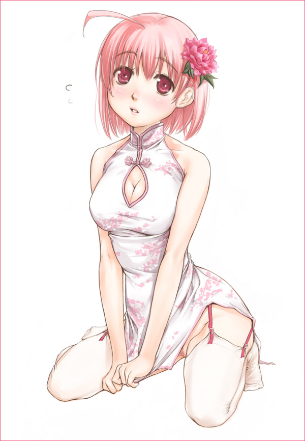 breasts china_dress chinadress chinese_clothes cleavage cleavage_cutout flower garter_belt garter_straps hair_flower hair_ornament kanda_aya mashiba_mariko no_panties original pink_eyes pink_hair plum_blossom plum_blossoms pubic_hair short_hair sitting thighhighs wariza