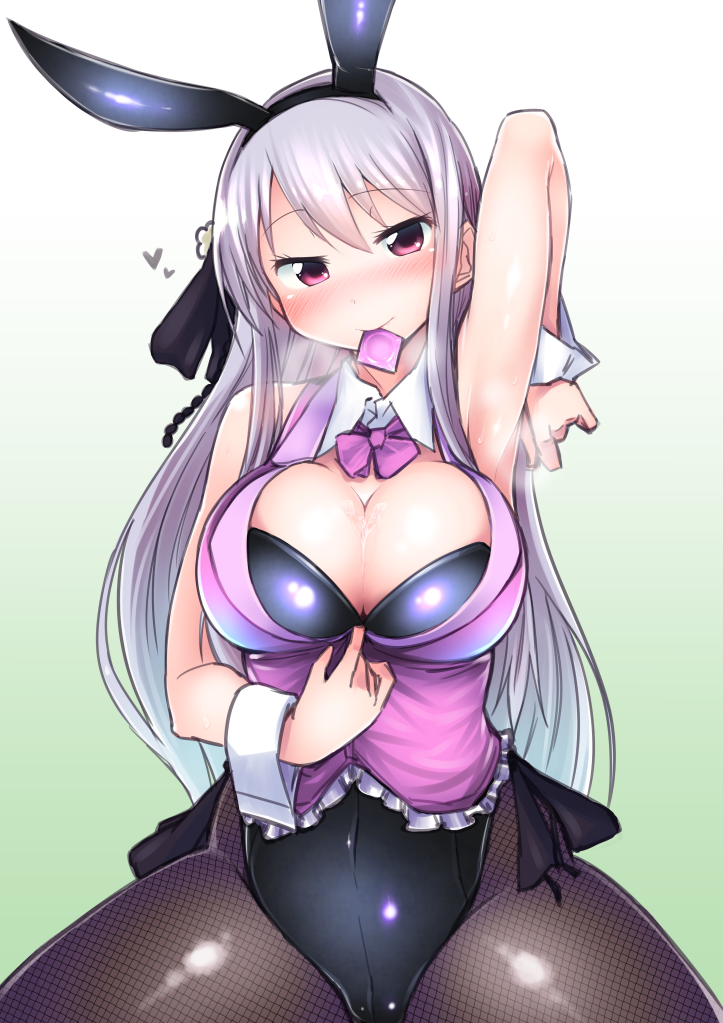 animal_ears armpits black_legwear blush bowtie breasts bunny_ears bunnysuit character_request cleavage condom do_(taka) female fishnet_pantyhose fishnets frills gradient_hair hair_ribbon large_breasts long_hair mouth_hold multicolored_hair pantyhose pulling purple_eyes ribbon silver_hair simple_background smile solo vest wrist_cuffs