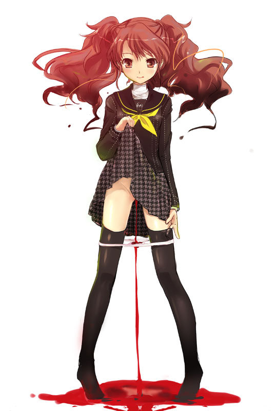 black_clothing black_legwear blood blush brown_eyes clothing color female houndsteeth kouguchi_moto kujikawa_rise legs legs_apart long_hair looking_at_viewer menophilia menstruation panties period period_blood persona persona_4 pigeon-toed pigeon_toed puddle red_eyes red_hair school_uniform serafuku skirt skirt_lift smile thighhighs tied_hair twintails underwear white_background white_panties