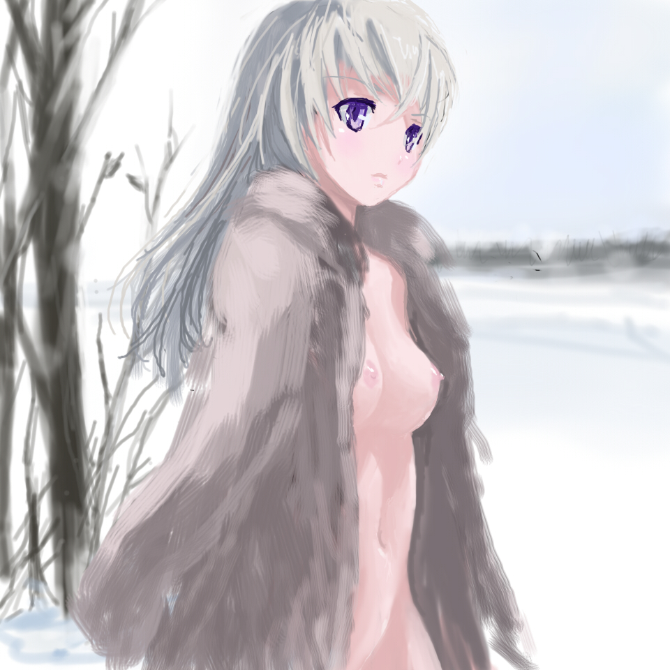 blush breasts clothing coat cold dead_tree drawing eila_ilmatar_juutilainen exhibitionism fur_coat long_hair midriff navel nipples nude nude_female open_clothes open_shirt painted_background purple_eyes rough_sketch shikkaku shirt small_breasts snow snowing strike_witches white_hair winter world_witches_series