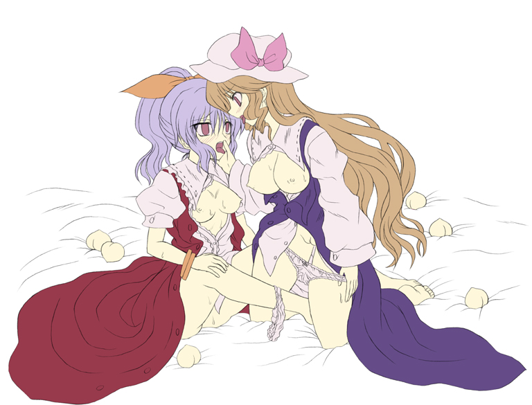 2girls blonde_hair blush breasts female hat incest long_hair multiple_girls open_clothes open_shirt panties panties_around_one_leg panty_pull peach_(fruit) pubic_hair pussy ribbon shirt siblings silent_sinner_in_blue sister sisters sweat tongue touhou uncensored underwear watatsuki_no_toyohime watatsuki_no_yorihime yuri