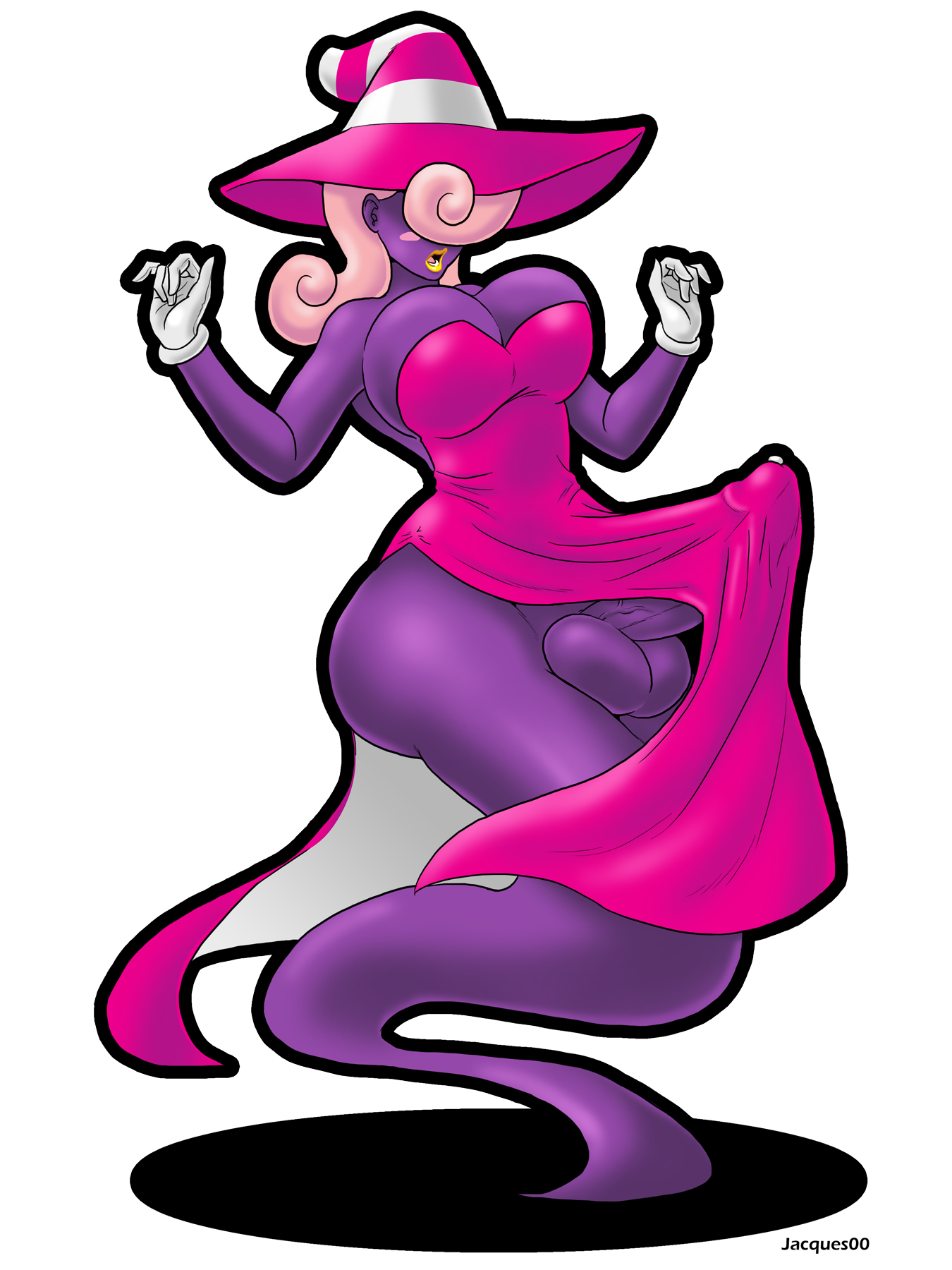 1futa, balls, big breasts, bimbo, blush, breasts, busty, dress, erection, futanari, gloves, hair, hat, headgear, huge breasts, intersex, jacques00, large penis, lipstick, mario (series), nintendo, paper mario, paper mario: the thousand-year door, penis, penis under dress, pink hair, precum, presenting, shadow siren, testicles, vivian (paper mario), voluptuous, white background
