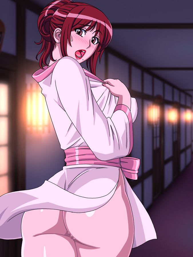 ass bathrobe beauty_mark blush breasts brown_eyes brown_hair censored clothing color embarrassed female female_only from_behind gaden human large_breasts legs_together lipstick looking_back no_underwear open_eyes open_mouth pink_bathrobe pink_robe pussy robe short_hair solo standing