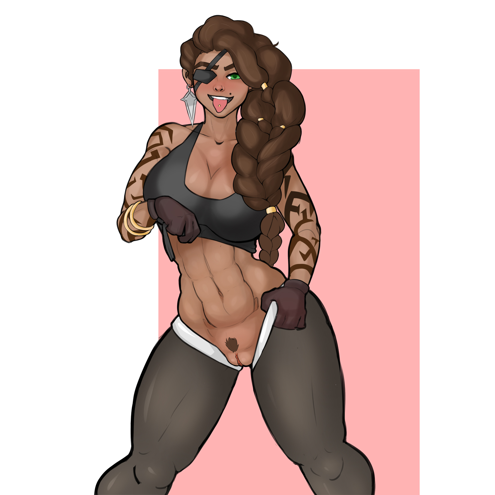 0w0wer, 1girls, abs, big breasts, blush, breasts, female, female only, large breasts, league of legends, looking at viewer, muscles, muscular, muscular female, open mouth, pussy, samira (league of legends), tongue, tongue out