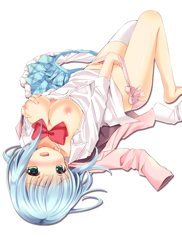 barefoot blue_hair blush bowtie breasts female green_hair hand_on_breast irori long_sleeves masturbation on_back open_clothes open_mouth open_shirt original panties short_hair simple_background single_thighhigh skirt skirt_removed solo striped striped_panties thighhighs underwear white_background white_legwear