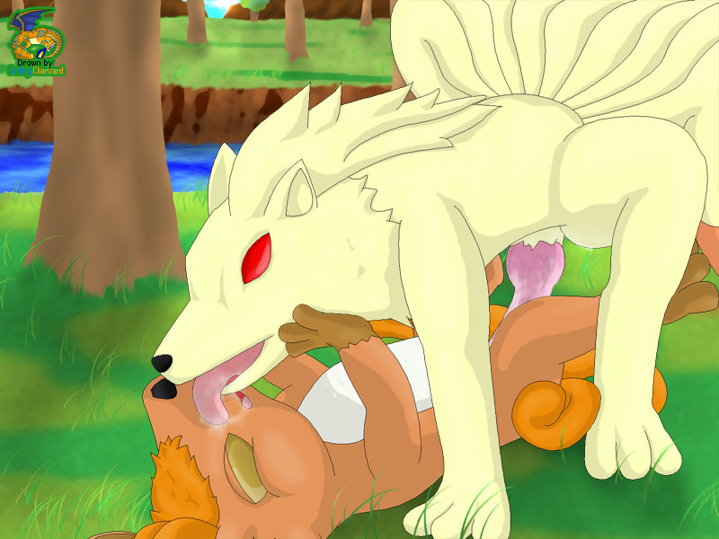 canine color day fox fur furry_tail knot licking multiple_tails ninetales nintendo outdoors penetration penis pokemon pokemon_(species) red_eyes saliva surfing_charizard tail tongue video_games vulpix