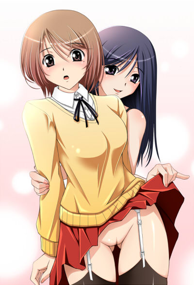 2girls black_hair blush breasts brown_eyes brown_hair female hiyoko_daiou long_hair looking_at_viewer multiple_girls no_panties open_mouth pussy skirt skirt_lift smile thighhighs uncensored yuri