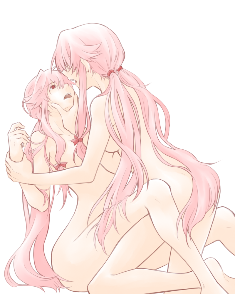 2girls aino_yumeri clone dual_persona female gasai_yuno hand_on_another's_face long_hair mirai_nikki multiple_girls nude open_mouth pink_hair selfcest simple_background very_long_hair white_background yuri