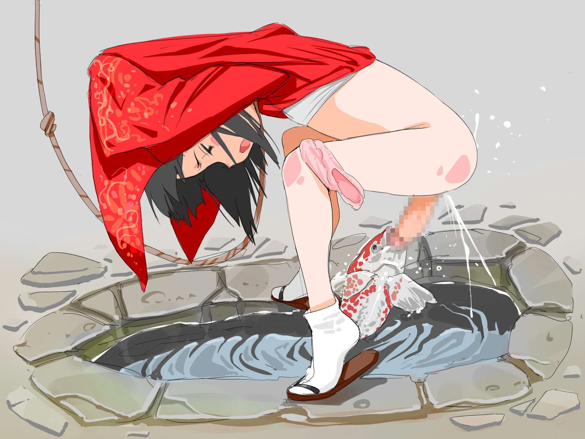 1futa, 4:3, black hair, blush, bottomless, censored, cum, cum drip, cumshot, ejaculation, feral, fish, fishing, fishing with penis, fishjob, flat chest, futa penetrating, futa sans balls, futanari, highres, intersex, japanese clothes, kimono, large penis, living onahole, looking down, panties around leg, penis, pink panties, short hair, socks, water, white legwear, zoophilia
