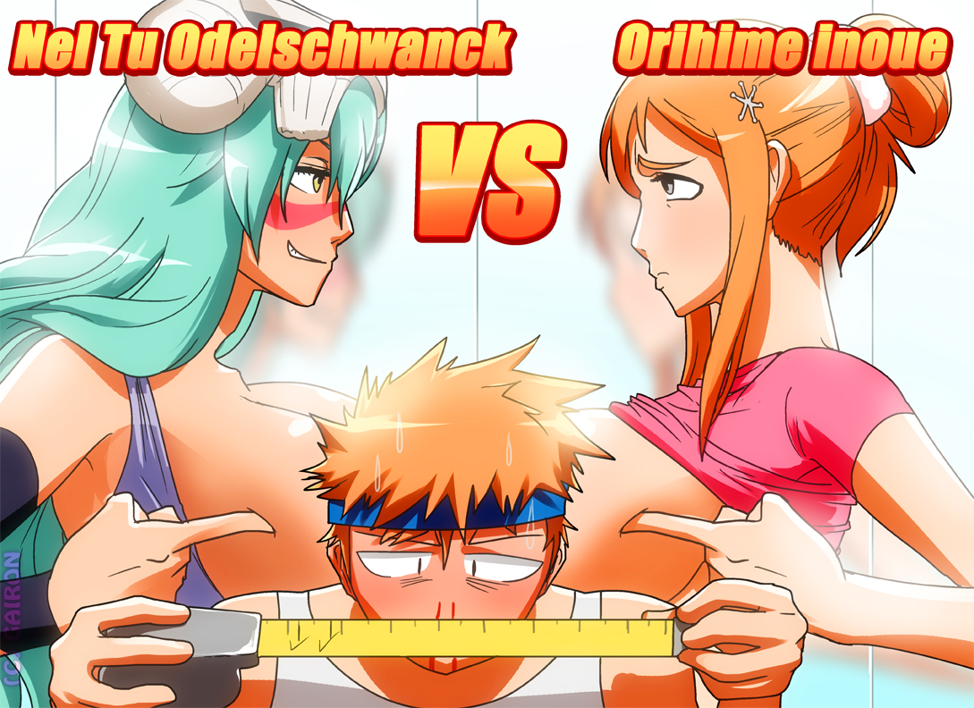 armband, arrancar, big breasts, bleach, blood, breasts, espada, female, gairon, green hair, hair, hairpin, headband, ichigo kurosaki, inoue orihime, long hair, measuring tape, mirror, nelliel tu odelschwanck, ponytail, skull, tied hair