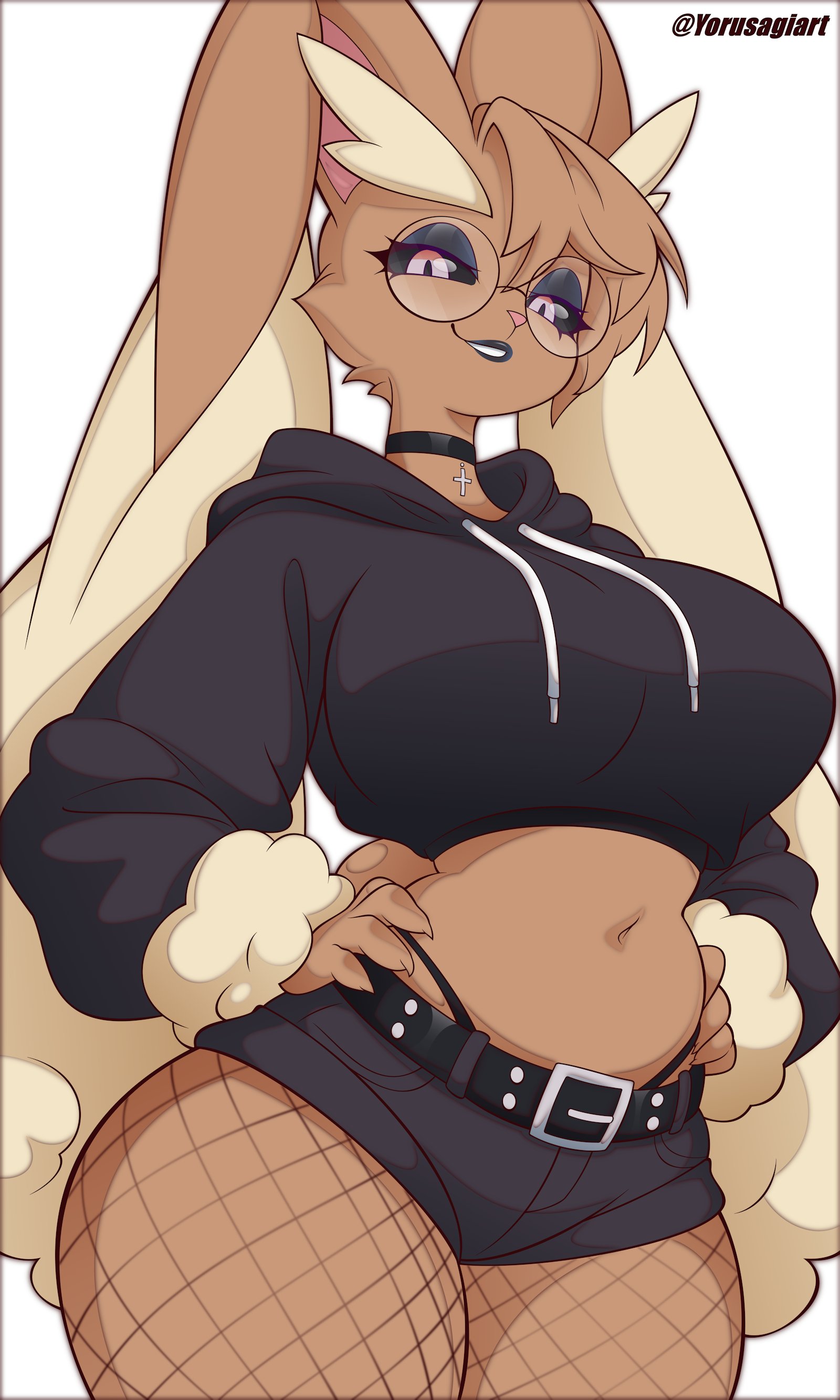 1girls, anthro, artist name, belt, big breasts, black eyeshadow, black lipstick, black sclera, brown hair, choker, crop top hoodie, eyelashes, female, female only, fishnet legwear, fishnets, generation 4 pokemon, glasses, goth, hands on hips, hi res, hoodie, looking at viewer, lopunny, minishorts, nintendo, pink eyes, pokemon, pokemon (species), round glasses, shorts, smiling, smiling at viewer, solo, thick thighs, white background, yorusagi