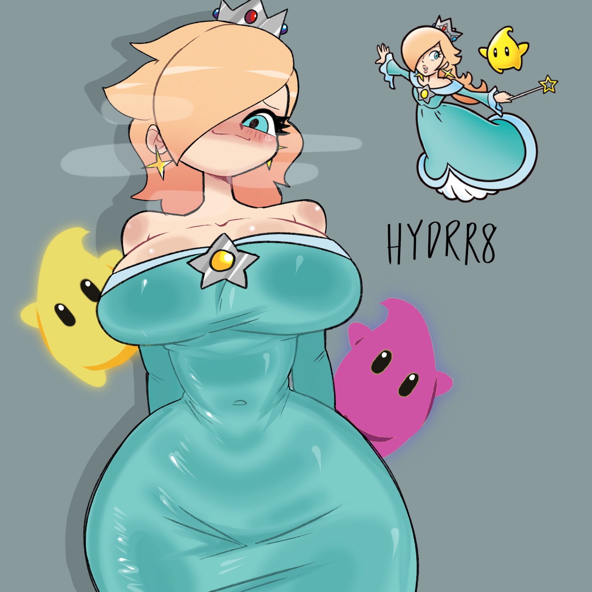 1girls, 2d, 2d (artwork), blonde female, blonde hair, busty, busty female, curvy, curvy figure, digital drawing (artwork), digital media (artwork), female focus, hydrr8, looking at viewer, luma, luma (mario), mario (series), princess rosalina, rosalina, rosalina (mario), smirk, thick legs, thick thighs, voluptuous, voluptuous female