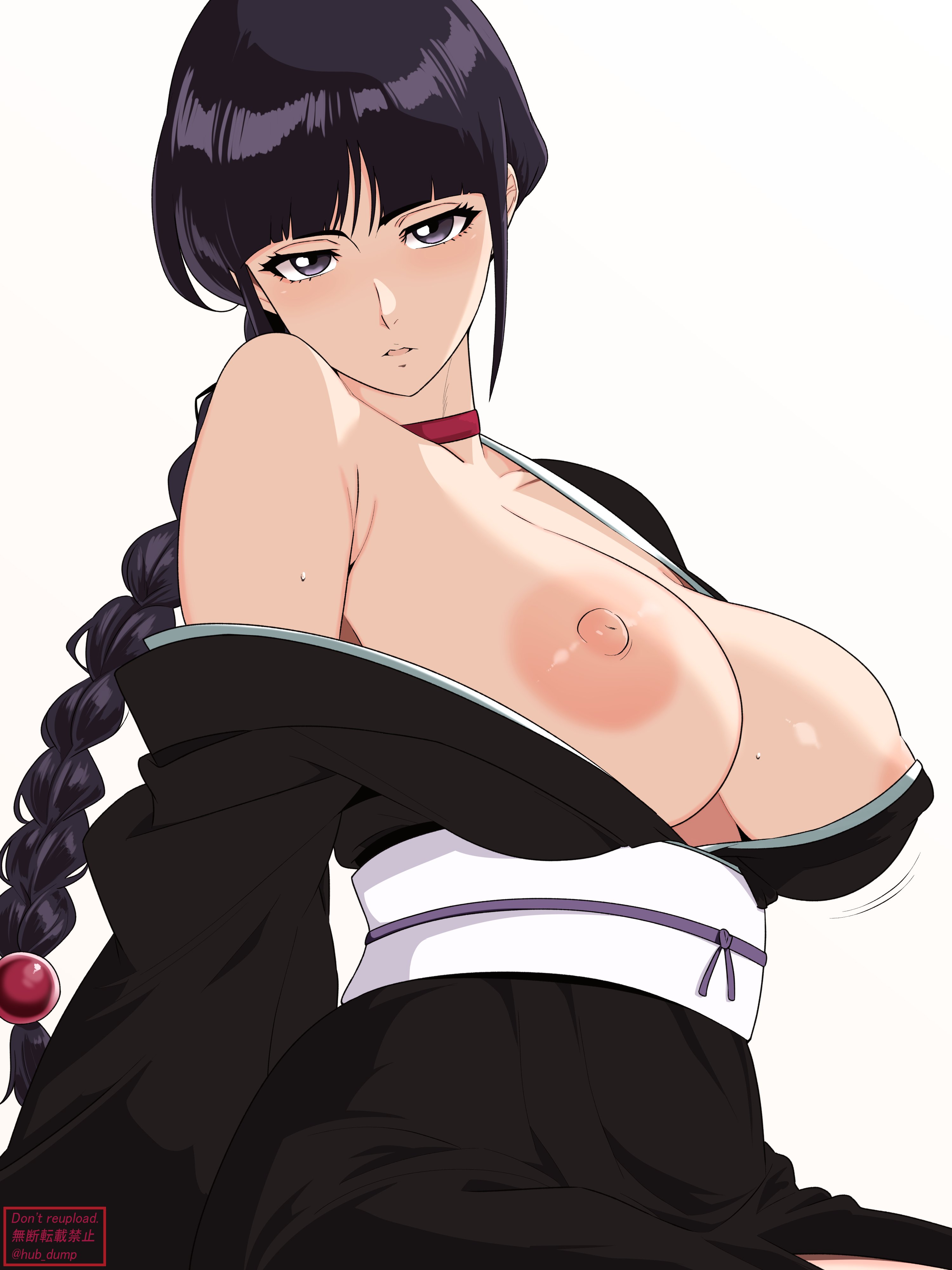 bare shoulders, barefoot, bleach, braid, hekiga (freelot), kurotsuchi nemu, large breasts, nipples, purple hair