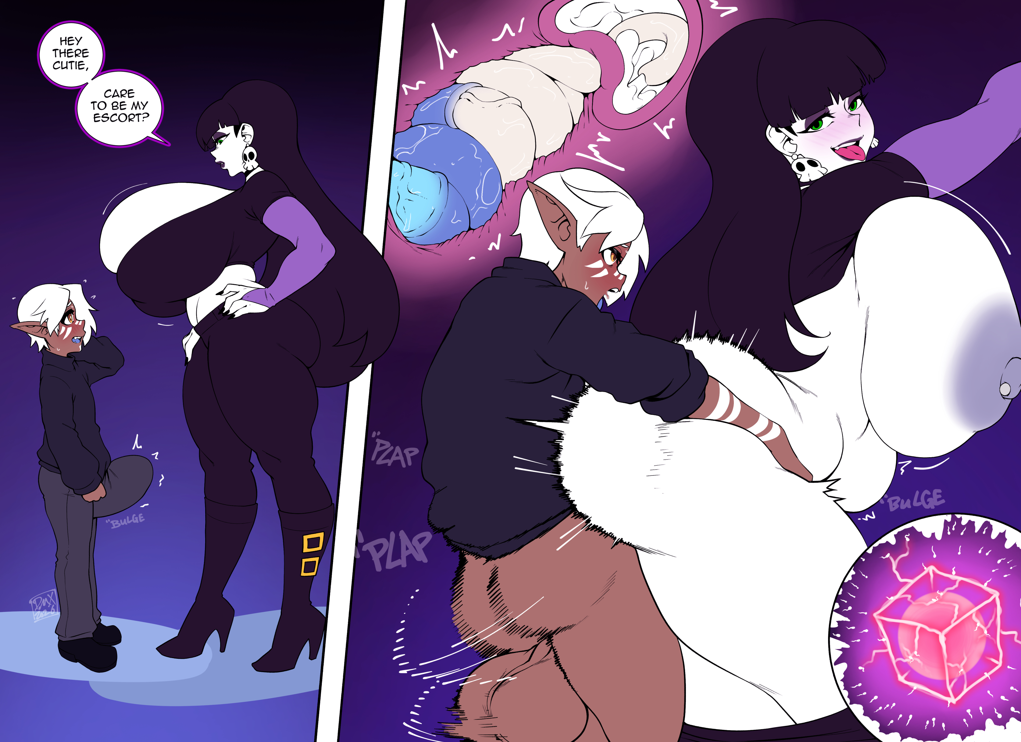 1boy, 1girls, 2026, 2d, 2d (artwork), 2d artwork, artist name, ass, ass bigger than head, baggy clothing, baggy pants, baggy shirt, big ass, big breasts, big testicles, black eyeshadow, black hair, black hair female, black lips, black lipstick, black-haired female, blush, blush face, blush lines, blushed face, blushing, blushing at partner, blushing female, blushing male, blushing profusely, breasts, breasts bigger than head, breasts out, bulge, bulge through clothing, bulge under clothes, chocolate and vanilla, clothed, clothed female, clothed male, clothing, coiled penis, coiling, commission, commission art, dark elf, dark skin, dark-skinned male, dialogue, dialogue bubble, digital media (artwork), dmxwoops, duo, ear piercing, ear ring, earring, earrings, elf, elf ears, elf male, elongated penis, english, english dialogue, english text, escort, eyeshadow, female, from behind, from behind position, fully clothed, fully clothed female, fully clothed male, huge ass, huge breasts, larger female, light skin, light-skinned female, lindel dollice quilten, lips, lipstick, male, male escort, mostly nude, mostly nude female, nude, nude female, oc, ocs, onomatopoeia, original, original character, original characters, pale skin, pale-skinned female, partially clothed, partially clothed male, penetration, penile, penile penetration, penis, penis in pussy, pierced ear, pierced ears, piercing, piercings, project luna, pussy, sex, sex from behind, shirt lift, size difference, skull, skull earrings, smaller male, speech bubble, taller female, tentacle penis, testicles, text, text bubble, the besties (atomickingboo), the elf of luna plains, thick thighs, thighs, thighs bigger than head, thunder thighs, tongue, tongue out, undressing, vagina, vaginal, vaginal insertion, vaginal penetration, vaginal sex, white hair, white hair male, white-haired male, womb, x-ray, x-ray view