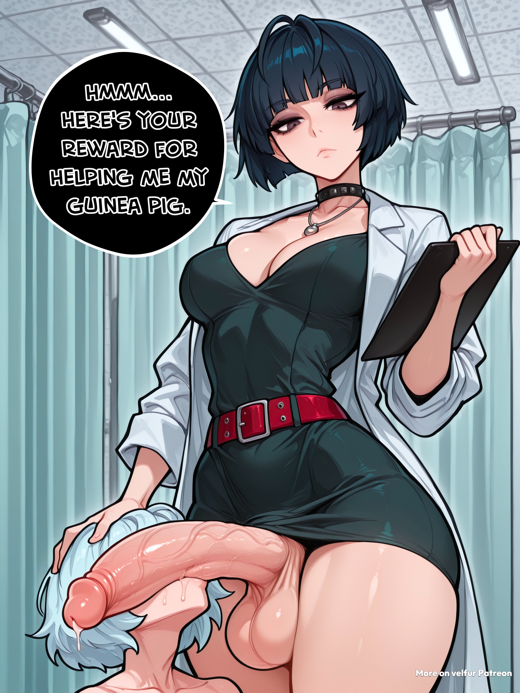 1boy, 1boy1futa, 1boy1girl, 1futa, 1futanari, 1male, 1male1female, adult, adult female, adult male, adult man, ai assisted, ai generated, ass, bangs, belt, big ass, big belt, big breasts, big butt, big hips, big penis, blowjob, blue hair, bob cut, breasts, brown eyes, cleavage, clipboard, clothed, clothing, comic, comic page, comic panel, consensual, dick, dickgirl, doctor, dress, emotionless, emotionless female, emotionless futa, eyebrows, eyelashes, femdom, flaccid, flaccid penis, futa on male, futadom, futanari, goth, goth futa, goth girl, gothic, gothic girl, grown up, hair, heart, hearts around head, hospital, huge cock, huge penis, labcoat, licking, licking penis, lips, long penis, makeup, name tag, narrow waist, necklace, nose, nurse, penis, persona, persona 5, persona 5 royal, red belt, serious, serious face, serious look, short hair, smooth balls, smooth penis, smooth skin, speech, speech balloon, speech box, speech bubble, speech bubbles, tae takemi, text, text box, text bubble, thighs, velfur (artist)