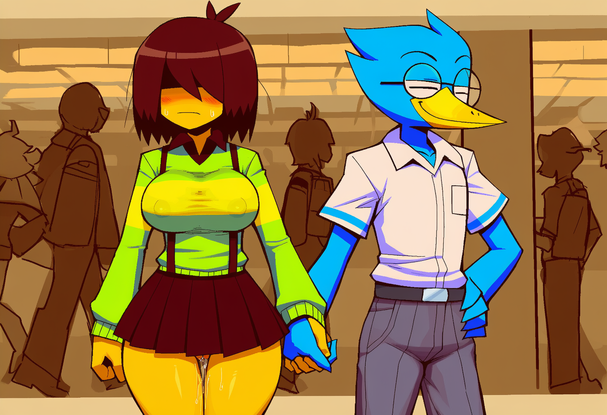 1boy, 1girl, ai generated, avian, berdly, big breasts, blushing, brown hair, brunette, crowd, deltarune, furtiveturtle, hand holding, kris (deltarune), kris female (deltarune), large breasts, no panties, pussy, short skirt, suspenders, wet pussy