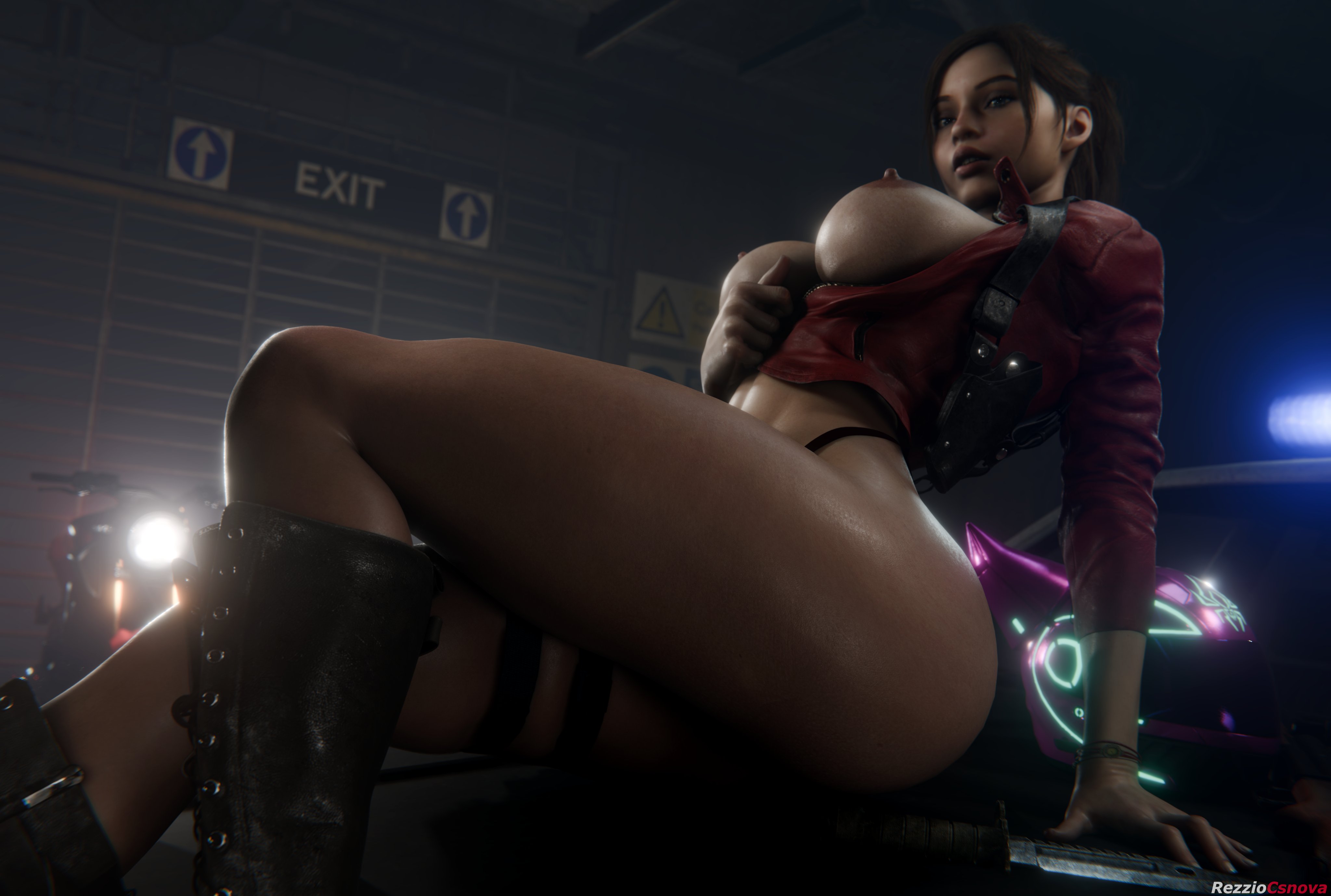 1girl, 1girls, 3d, areolae, big breasts, big tits, blue eyes, boots, breasts, breasts out, brown hair, brown hair female, brunette, brunette female, brunette hair, brunette-haired female, busty, capcom, claire redfield, claire redfield (jordan mcewen), cleavage, female, female focus, female only, hourglass figure, jacket, light skin, light-skinned female, long hair, nipples, partially clothed, perky breasts, perky tits, ponytail, red jacket, resident evil, resident evil 2, resident evil 2 remake, resident evil code veronica, rezzio19, sitting, sitting down, thicc, thicc thighs, thick thighs, thighs, twitter, video game character, video game franchise, video games, wide hips
