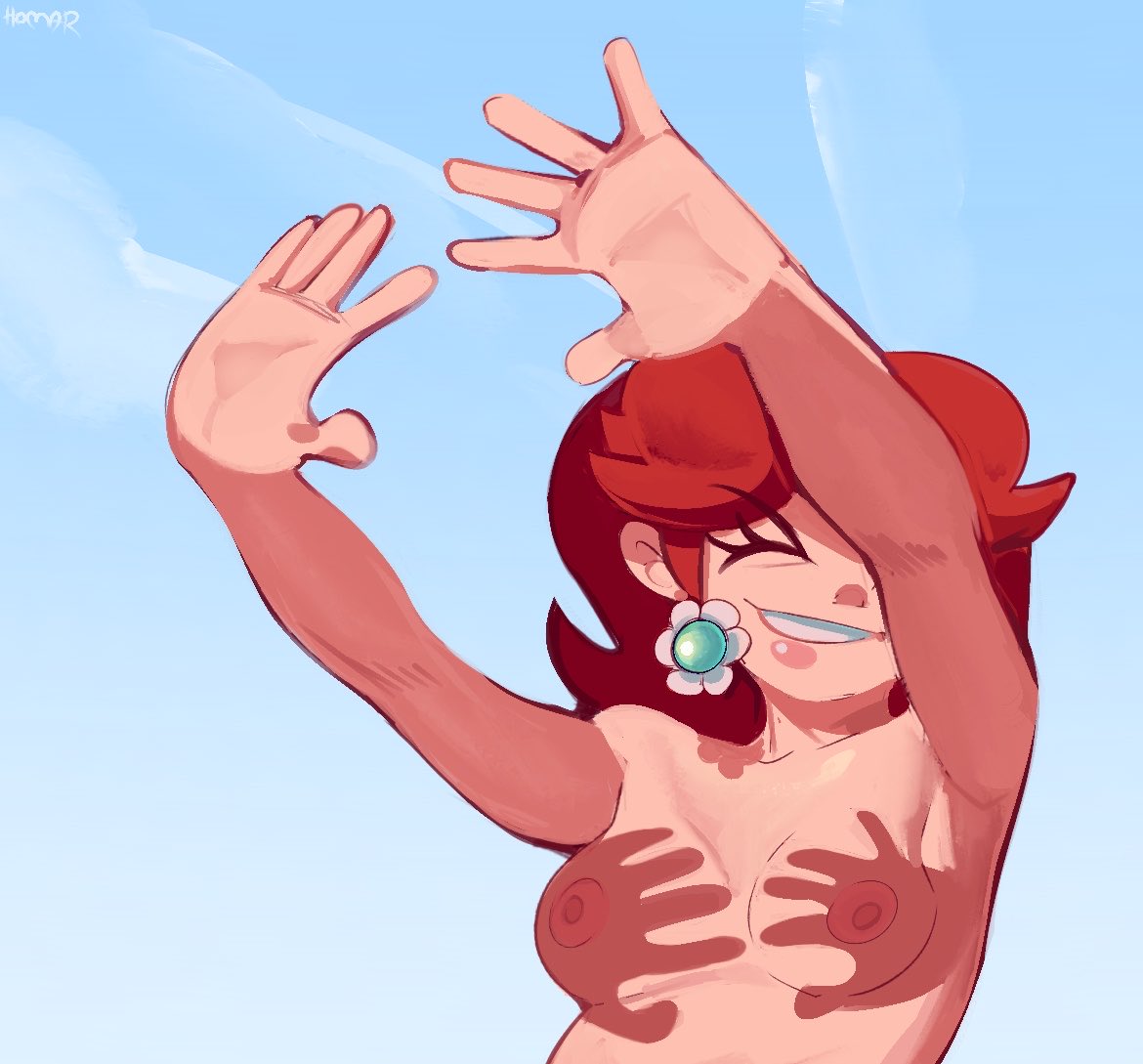 armpits, arms up, breasts, brown hair, completely nude, earrings, flipped hair, flower earrings, flower ornament, grin, hands casting shadow, homar simpleton, mario (series), meme, nintendo, nipples, nude, one eye closed, princess, princess daisy, shadow, shadow hands, smile, stretching, super mario land, tomboy, topless female