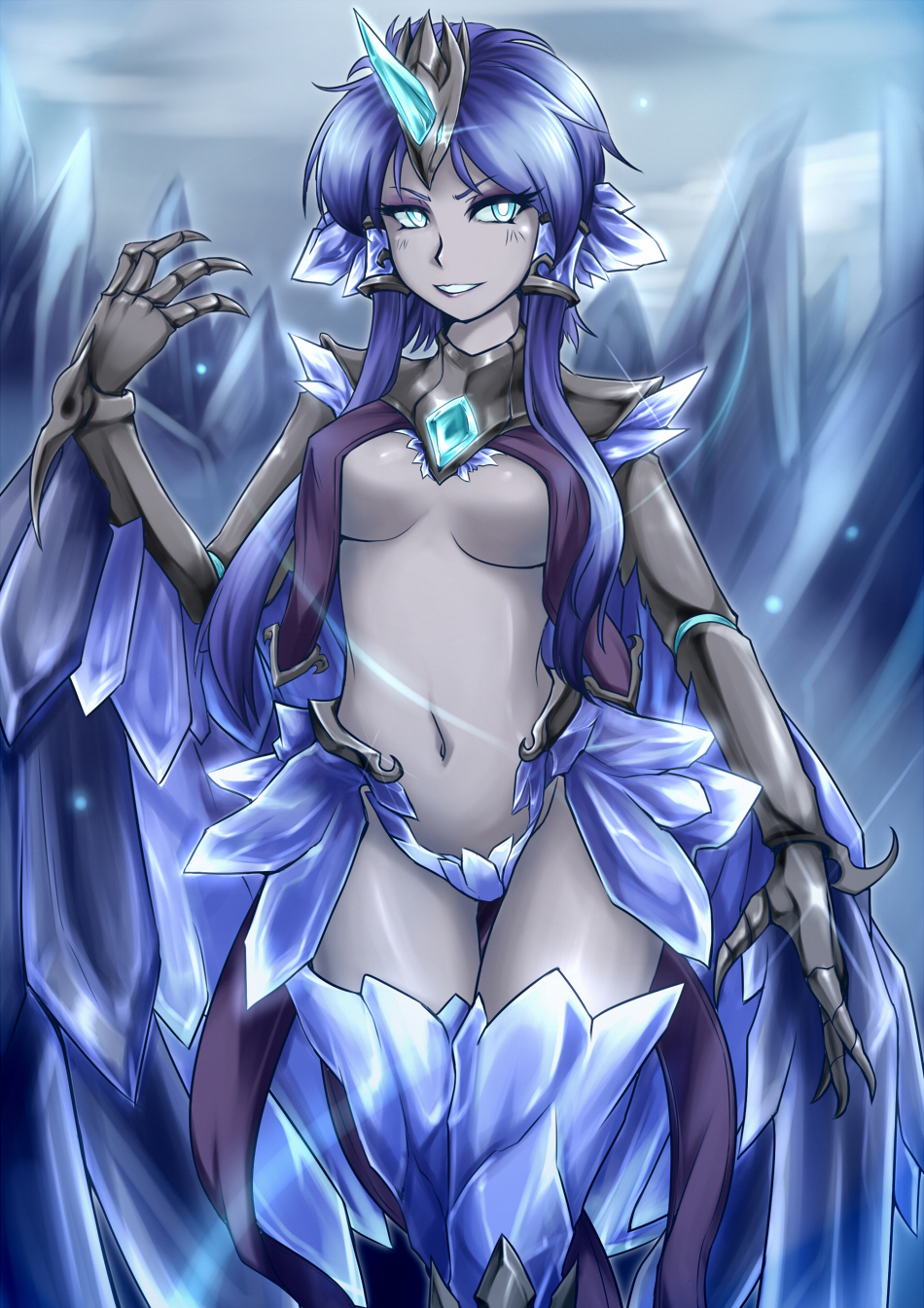 anivia blackfrost_anivia blackfrost_series blue_eyes blue_hair claws evil feathered_wings female grey_skin harpy highres ice league_of_legends monster_girl nam_(valckiry) personification short_hair snow solo tail wings