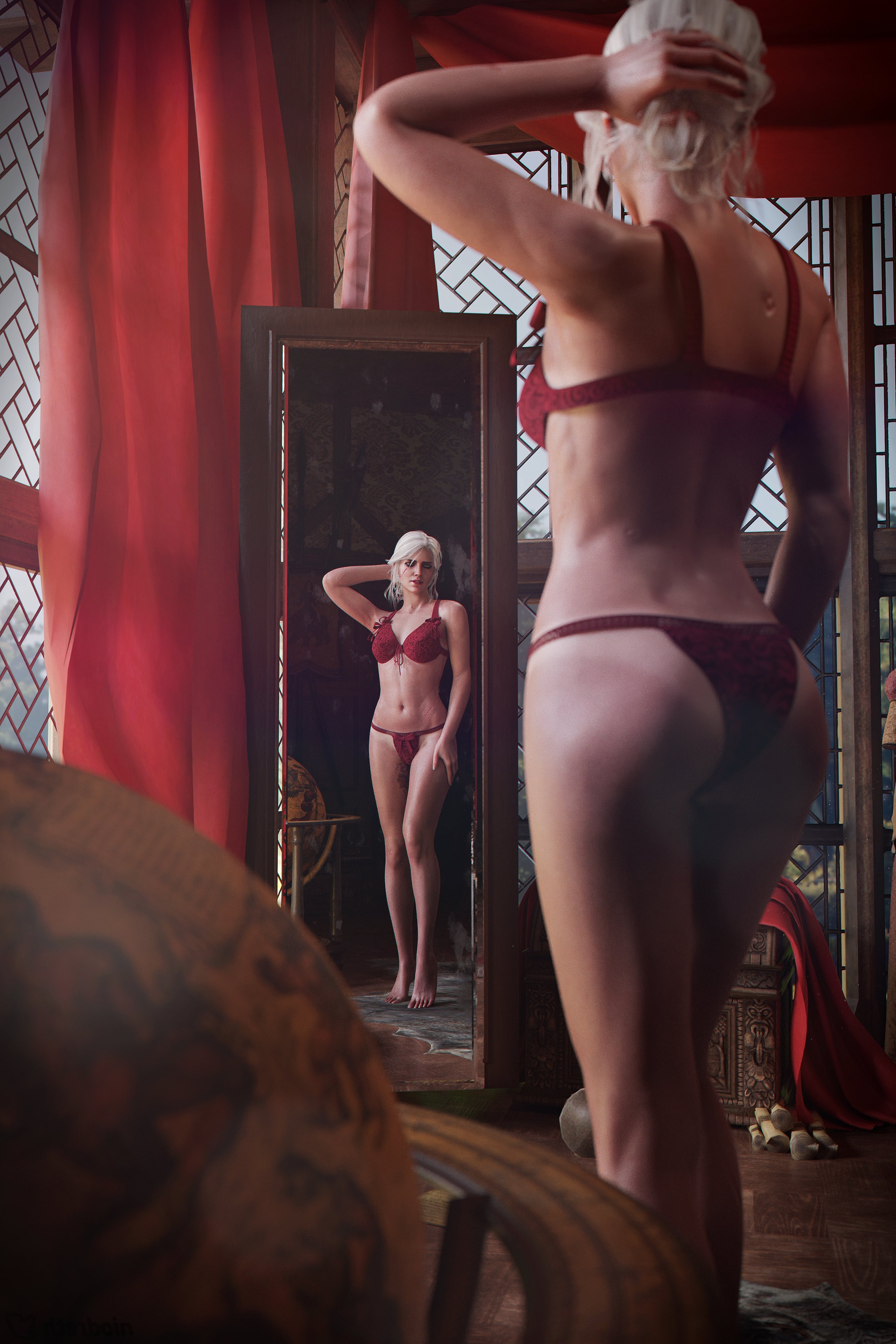 1girls, 3d, armpits, ass, back view, bra, breasts, bubble butt, cd projekt red, ciri, feet, female, female only, freckles, freckles on face, green eyes, light skin, light-skinned female, lingerie, mascara, mirror, mirror reflection, niodreth, panties, red lingerie, scar, solo, solo female, tattoo, the witcher (series), the witcher 3: wild hunt, white hair