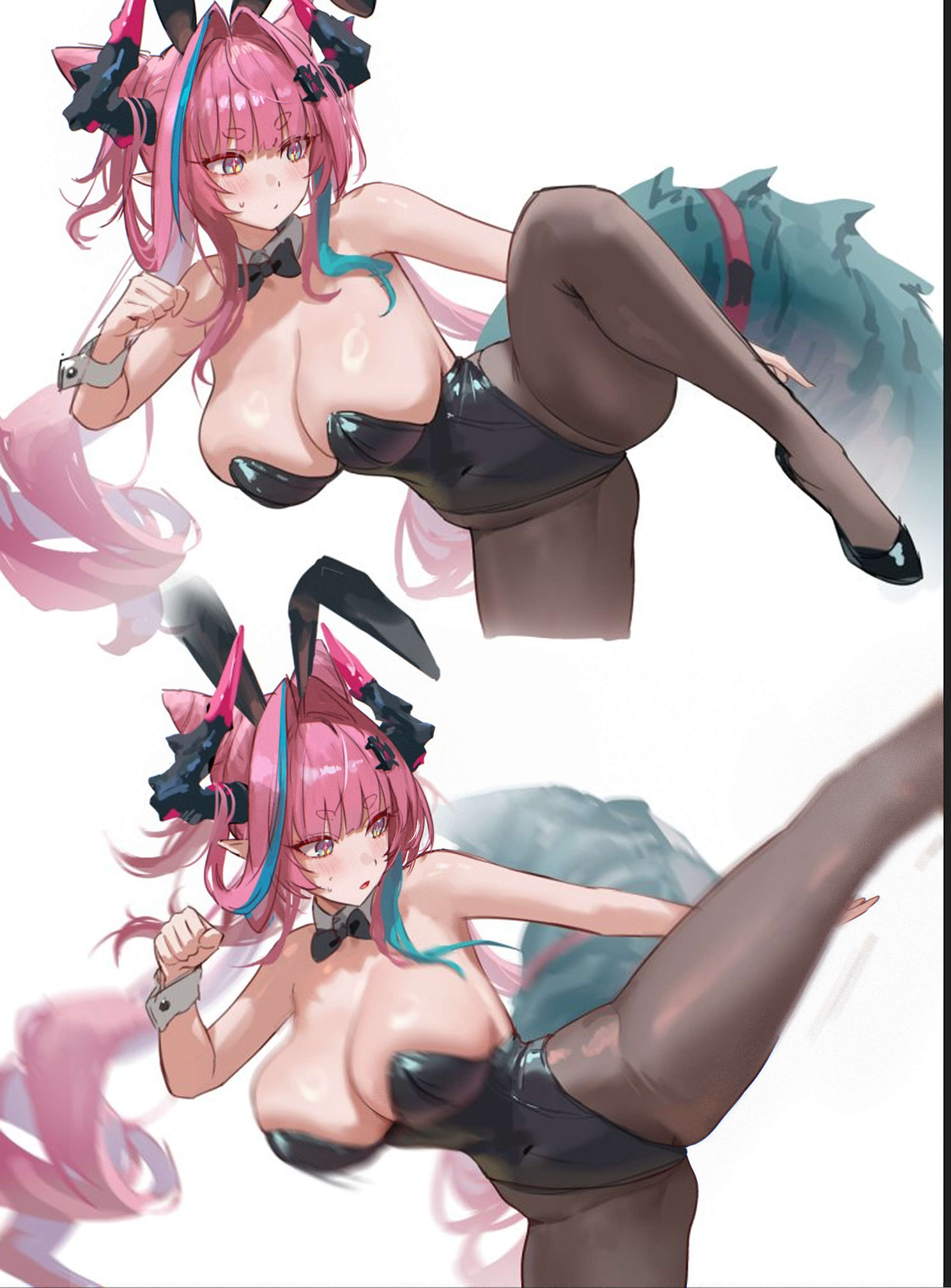 1girls, arknights, arknights: endfield, black leotard, blush, bunny ears, bunny girl, bunnysuit, fighting, kicking, large breasts, motion blur, one leg up, shiny skin, sweat, uof, yvonne (arknights: endfield)