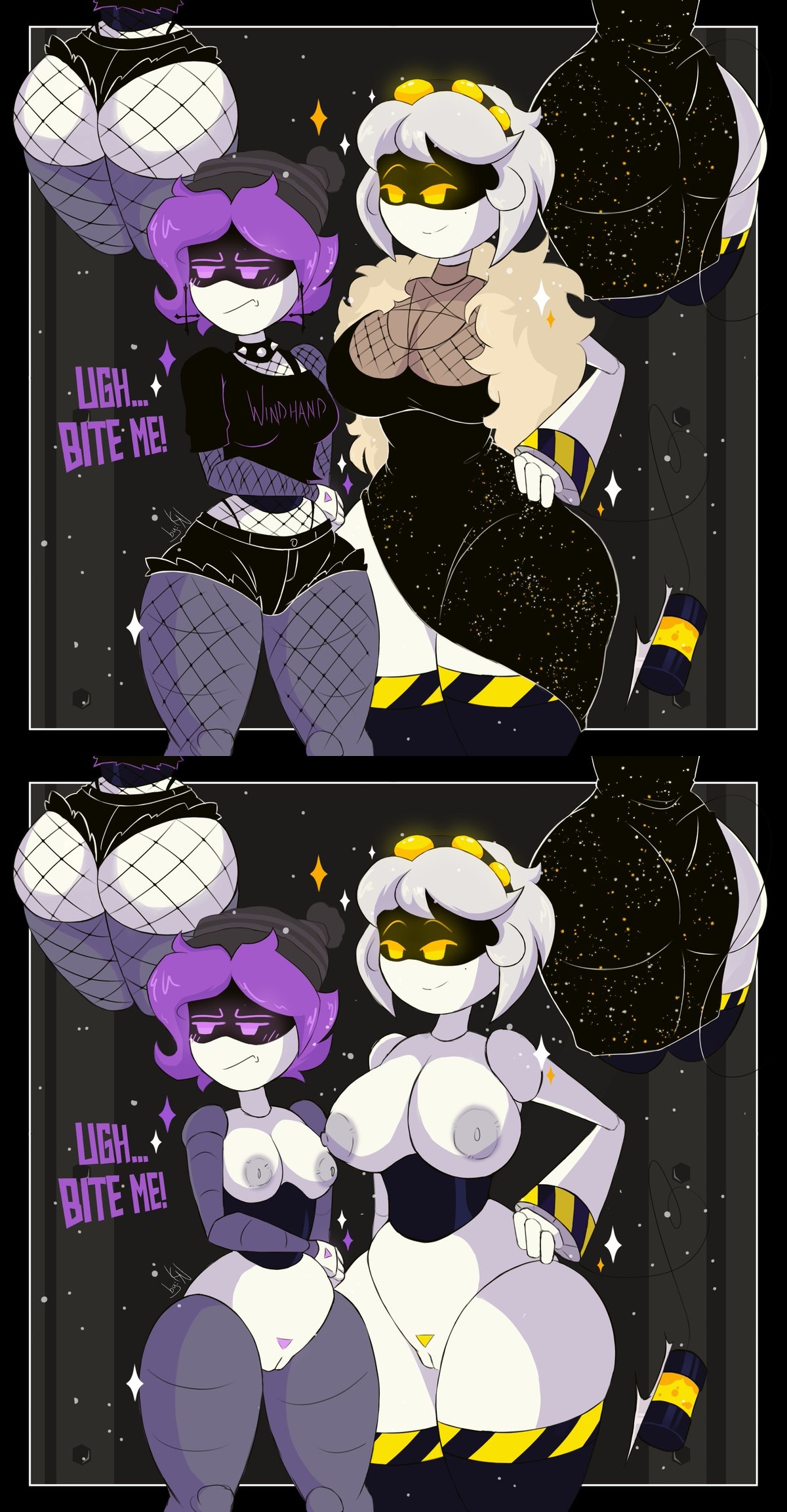 2d, 2girls, ass, big breasts, boozy uzi, breasts, casual nudity, disassembly drone, embarrassed, embarrassed female, embarrassed nude female, enf, english text, erect nipples, female, female only, glitch productions, grey nipples, huge breasts, humanoid, kayl, murder drones, nipples, non-human, pale skin, pussy, robot, robot girl, robot humanoid, screen face, uncensored, uzi (murder drones), v (murder drones), white body, worker drone