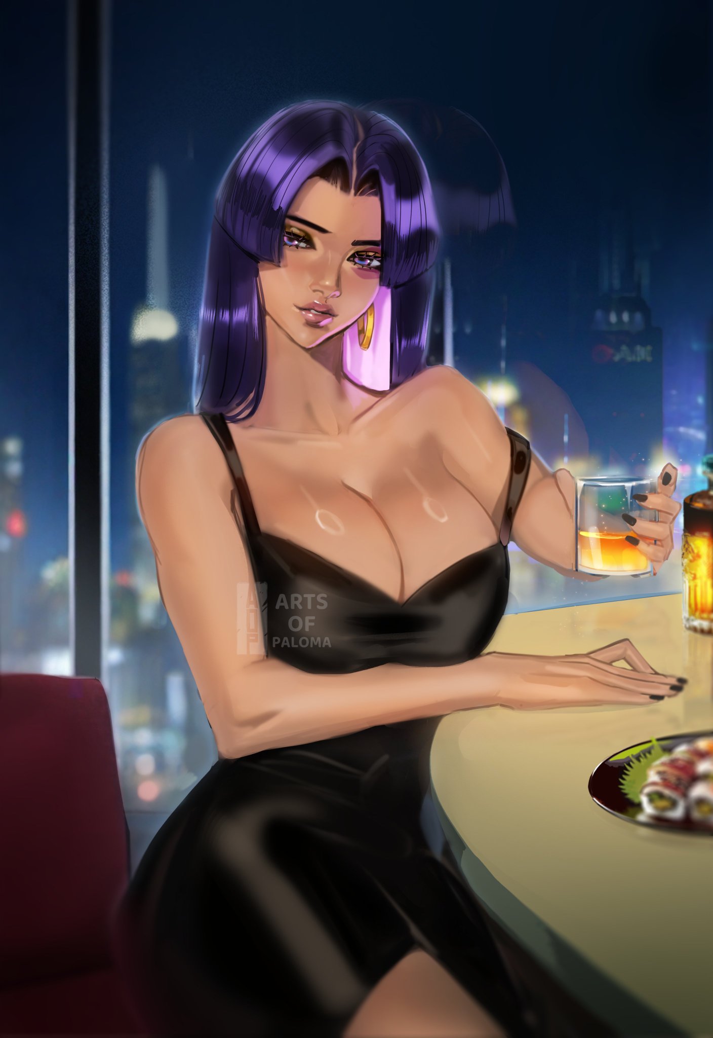 2d, arts of paloma, asian, asian female, bare arms, bare shoulders, big breasts, black clothing, black dress, breasts, city, city background, cityscape, cleavage, clothed, date, date night, dress, earrings, female, female artist, female only, fully clothed, girlfriend, gold earrings, gold jewelry, holding drink, holding object, hoop earrings, huge breasts, japanese, japanese female, kissable lips, large breasts, light skin, light skinned female, lips, looking at viewer, marvel, marvel rivals, mutant (marvel), pink lips, pink lipstick, pov, psylocke, psylocke (marvel rivals), psylocke (sai) (vengeance), purple eyes, purple hair, purple hair female, restaurant, shoulders, sitting, sitting on chair, solo, solo female, table, tight clothing, tight dress, x-men