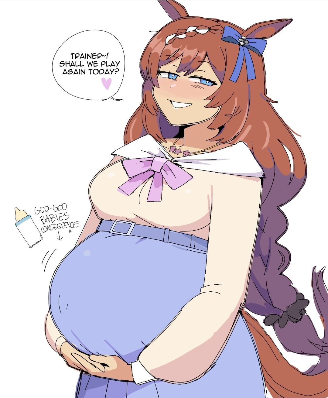 1girls, bedroom eyes, big breasts, blue eyes, blush, brown hair, dr-worm, female, female only, horse ears, horse girl, lewdlemage, looking at viewer, maternity clothes, pregnant, solo, super creek (umamusume), tagme, umamusume, umamusume pretty derby