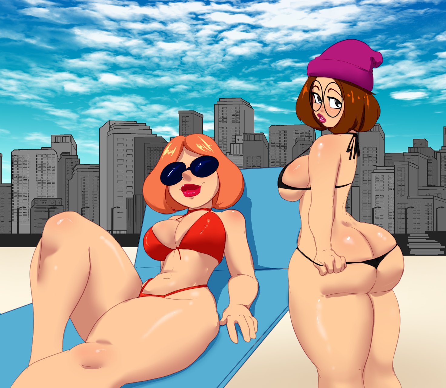 2025, 2girls, ass, beach chair, beanie hat, bikini, black body, brown hair, family guy, female, female only, glasses, hat, hi res, light skin, lois griffin, looking at viewer, lying, lying on back, meg griffin, micro bikini, mother and daughter, n-ronin, orange hair, purple lipstick, red bikini, red lipstick, round glasses, sunglasses, thick ass, thick thighs