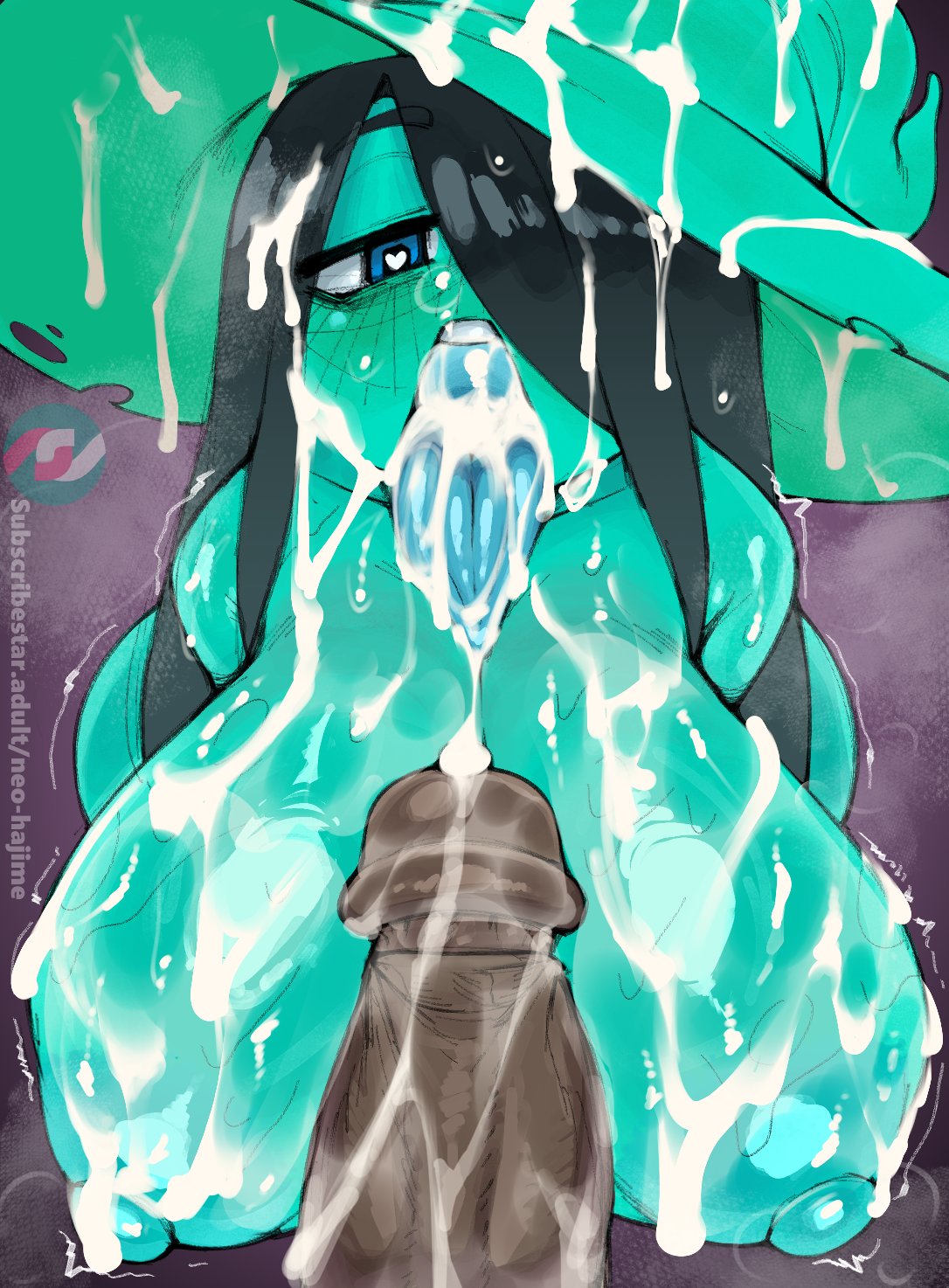 1girls, big breasts, black hair, black penis, blue eyes, blue tongue, blush, breasts, cum, cum in mouth, cum on body, cum on breasts, cum on face, cum on hair, cum on penis, cum on tongue, female, female focus, ghost, ghost girl, green body, hair over one eye, heart-shaped pupils, hi res, huge breasts, long hair, looking at penis, looking at viewer, neo hajime, nipples, open mouth, penis, puffy nipples, tongue out, witch hat