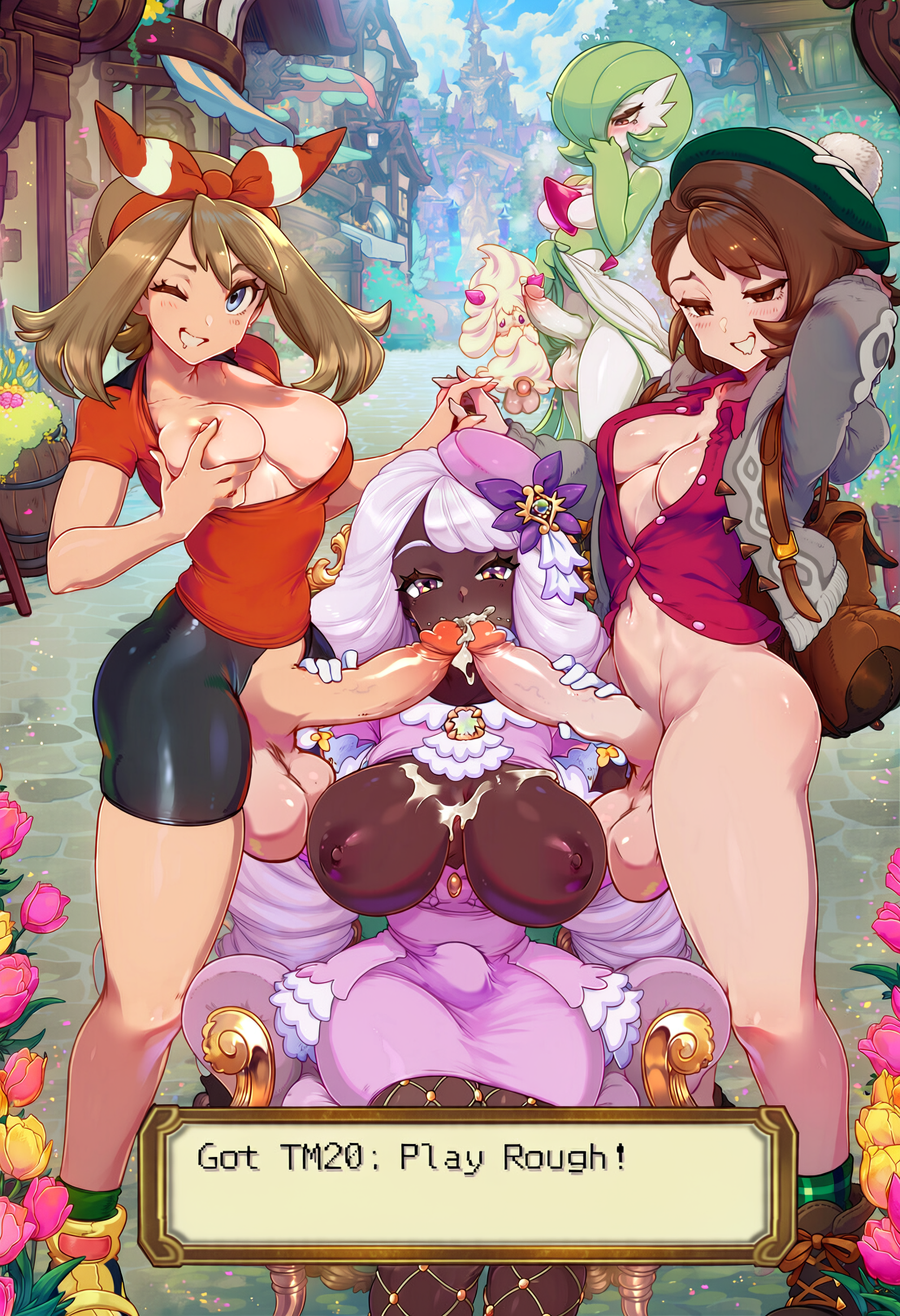 3girls, ai generated, alcremie, breast grab, breast squeeze, breasts out, bulge, bulge through clothing, casual, cum in mouth, cum on breasts, dark skin, dark-skinned female, double barrel blowjob, double handjob, fellatio, free use, futa only, futanari, gardevoir, gloria (pokemon), group sex, hand behind head, haruka (pokemon oras), haruka (pokemon), holding hands, holding own breast, interracial, jacinthe (pokemon), masturbation, mawhip, may (pokemon), nolumel, pokemon, pokemon (species), pokemon legends: z-a, pokemon rse, pokemon xy, sirnight, sitting, text, text box, watching, yukari (pokemon), yuuri (pokemon)