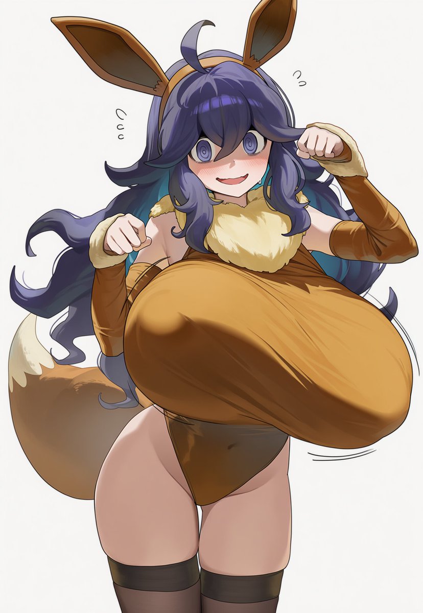 1girls, ai generated, big breasts, breasts, circle ueponzu, eevee, eevee (cosplay), eevee ears, fake tail, female, female focus, hex maniac, huge breasts, large breasts, light skin, light-skinned female, long hair, neck tuft, paws, pokemon, pokemon (cosplay), pokemon (game), pokemon xy, purple hair, shadow, simple background, smile, solo, thighhighs, top heavy