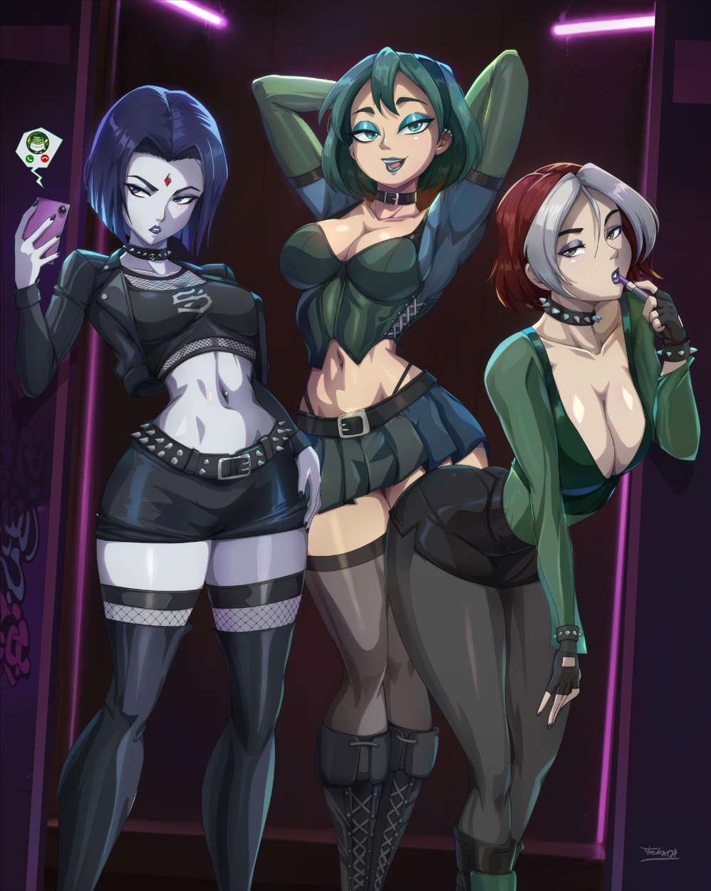 3girls, big breasts, clothed, clothing, color, crossover, dc, dc comics, felox08, female, female focus, female only, goth, goth girl, gwen (tdi), hi res, large breasts, light skin, light-skinned female, looking at viewer, marvel, marvel comics, purple hair, raven (dc), rogue (x-men), sexy, sexy body, sexy female, short hair, solo female, tagme, teen titans, thick thighs, total drama island, x-men