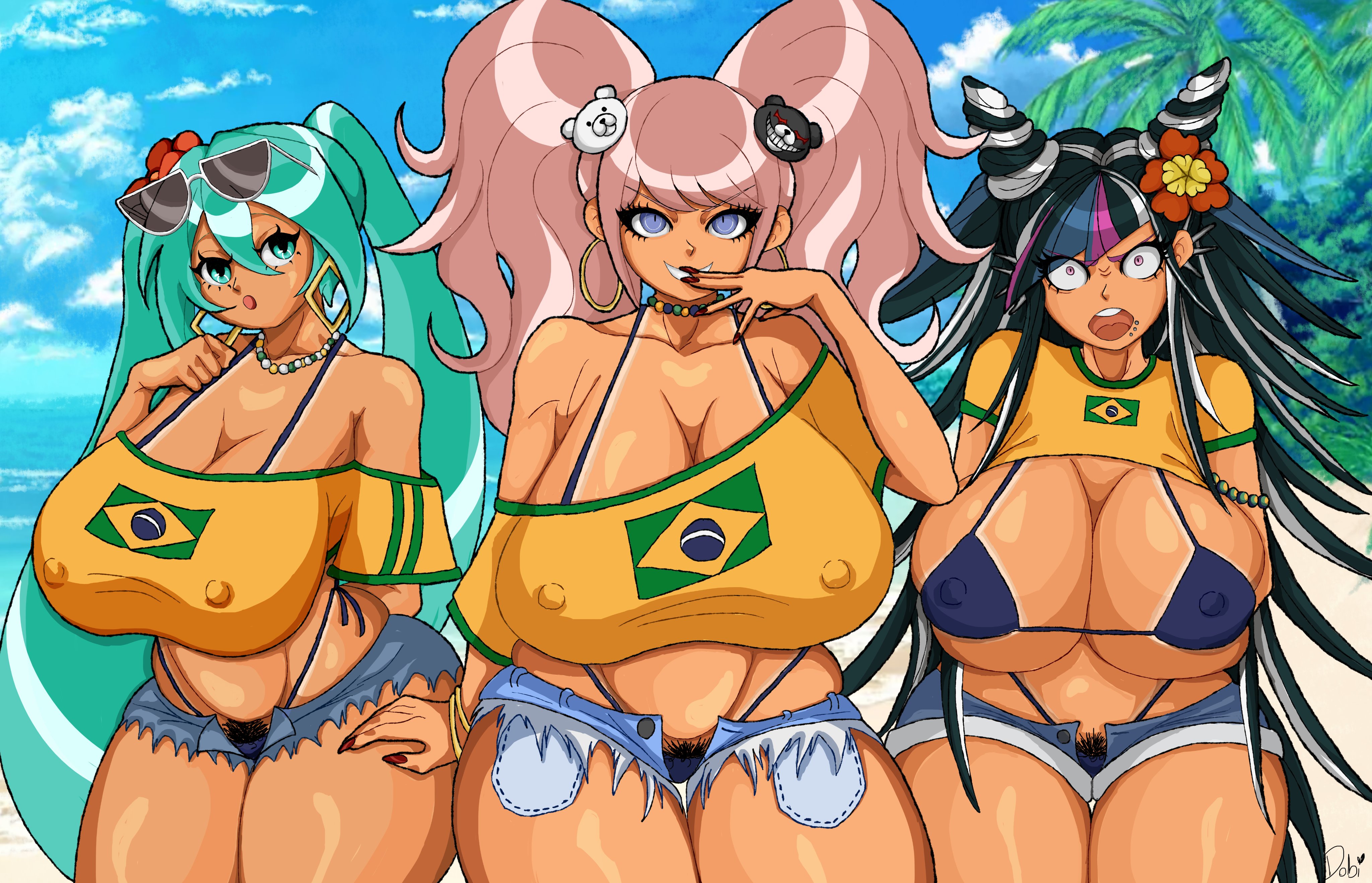 3girls, alternate version available, ass, big ass, big breasts, bikini, bikini top, blue eyes, blue hair, brazilian, brazilian female, brazilian flag, brazilian miku, breasts, brown hair, clothed, colored nails, crossover, danganronpa, danganronpa 2: goodbye despair, danganronpa: trigger happy havoc, denim shorts, dobicandy, fan design, female, green hair, hairy pussy, hatsune miku, huge ass, huge breasts, junko enoshima, large breasts, long hair, looking at viewer, minishorts, mioda ibuki, multicolored hair, multiple girls, nipple bulge, nipples, painted nails, piercing, pink eyes, pubic hair, pubic hair peek, race swap, red nails, revealing clothes, skimpy, skimpy clothes, summer, sunglasses, sunglasses on head, tan body, tan skin, textless, thick thighs, thong, thong bikini, top heavy, twintails, venus body, video games, vocaloid, voluptuous, voluptuous female, wide hips