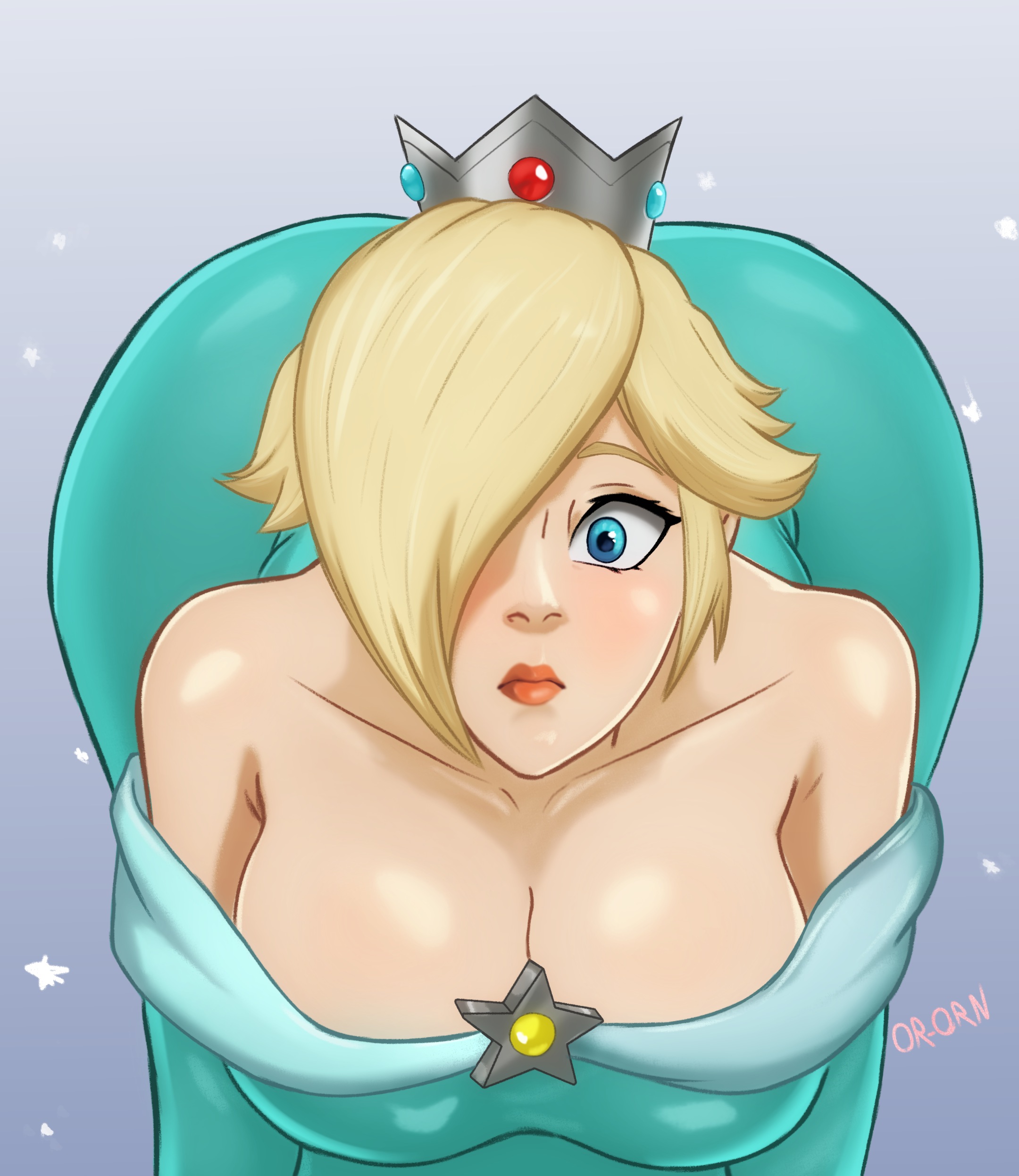 1girls, 2d, ass, ass bigger than head, bent forward, big breasts, blonde hair, blue dress, boobs, cleavage, crown, front facing with ass, hair over one eye, looking at viewer, mario (series), meme, off-shoulder sweater, or-orn, please look forward to it, princess rosalina, solo, super mario bros., voluptuous, voluptuous female