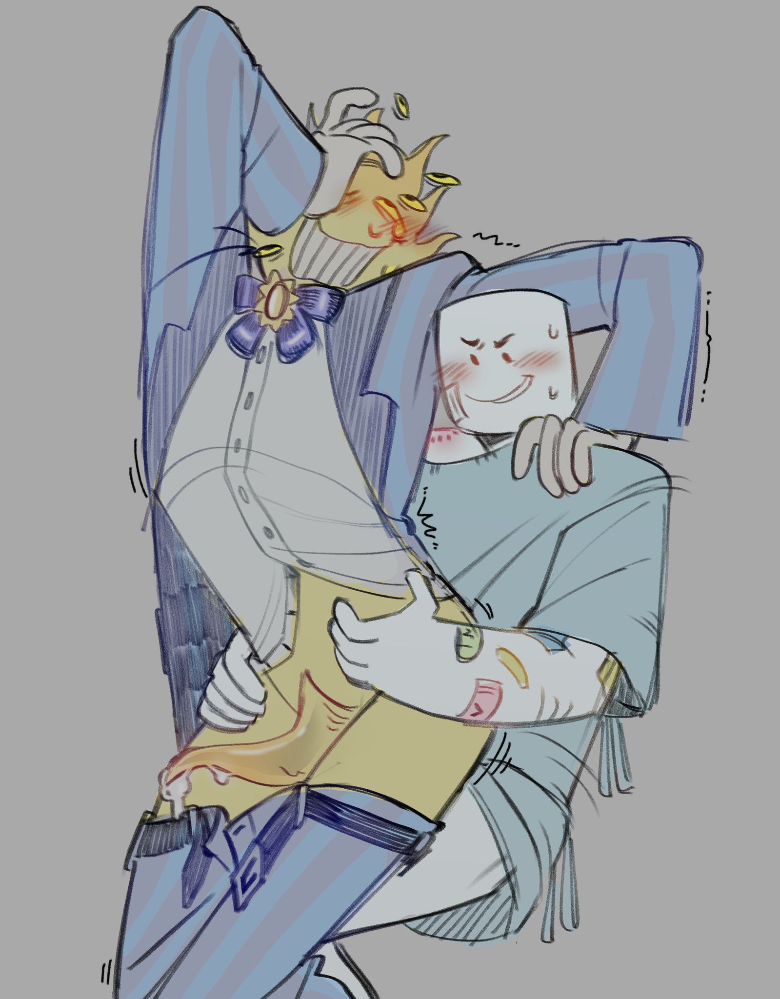 2boys, blue suit, blush, blush lines, blushing, character request, cock, copyright request, cum, cumming, cumming from anal sex, cumming while penetrated, dick, gay, gay male, gay sex, gloves, hand on head, hand on shoulder, hospital gown, looking back, looking back at partner, male, male only, mascot horror, object head, pants down, penis, roblox, roblox game, sex, sex from behind, shake lines, smiling, suit, sun, sun head, tie, unbuckled belt, unbuttoned shirt, unknown character, white body, wonderland, yellow body