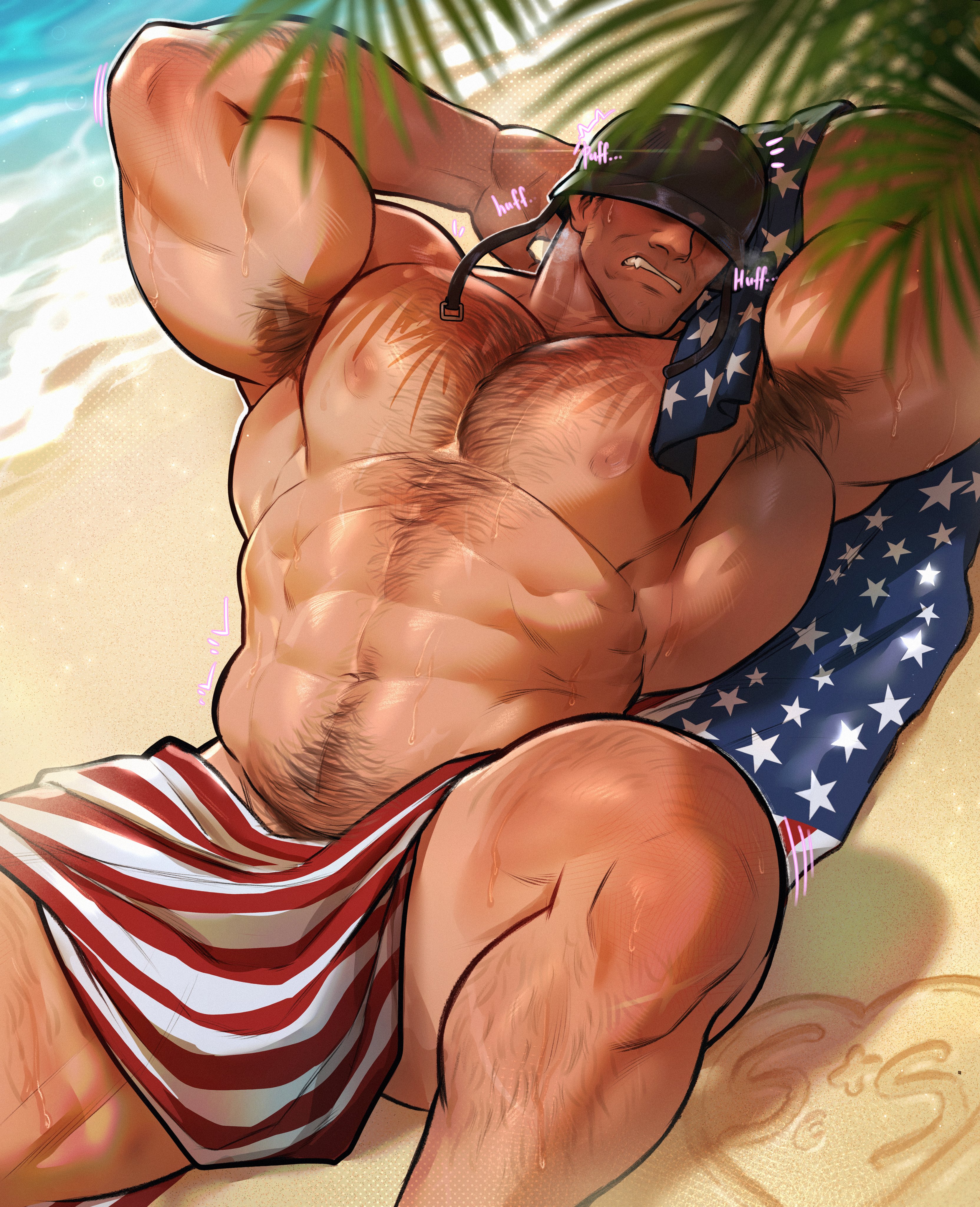 1boy, american flag, armpit, armpit hair, arms behind head, bara, beach, blanket, chest, chest hair, daddy, dilf, flag, focus, helmet, helmet only, human, human only, khaloart, leg hair, light skin, light-skinned male, male, male nipples, male only, mammal, mature, mature male, muscular, muscular male, nipples, outdoors, sand, soldier (team fortress 2), solo, solo focus, solo male, team fortress 2, water