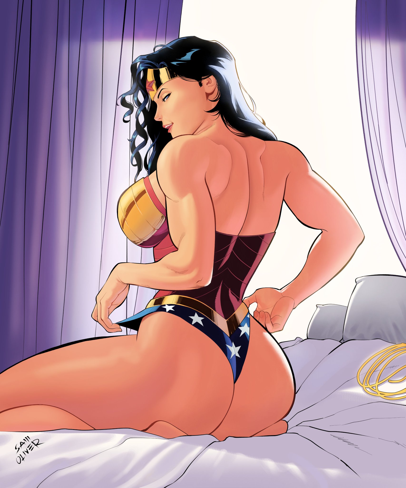 ass, ass focus, back, back view, bare arms, bare back, bare legs, bare shoulders, bare thighs, barefoot, bed, bedroom, big breasts, black hair, black hair female, breasts, dc, dc comics, diana of themyscira, diana prince, exposed back, exposed shoulders, female, female only, hips, hourglass figure, hourglass figured female, kneeling, kneeling on bed, large breasts, long hair, looking at viewer, looking back, looking back at viewer, looking over shoulder, no shoes, nonsexual, sam oliver, sexy, sexy body, sexy female, shoulders, sitting, sitting on bed, sitting on feet, small waist, solo, solo female, superheroine, thighs, thong, toned, toned back, toned body, toned female, wonder woman, wonder woman (series)