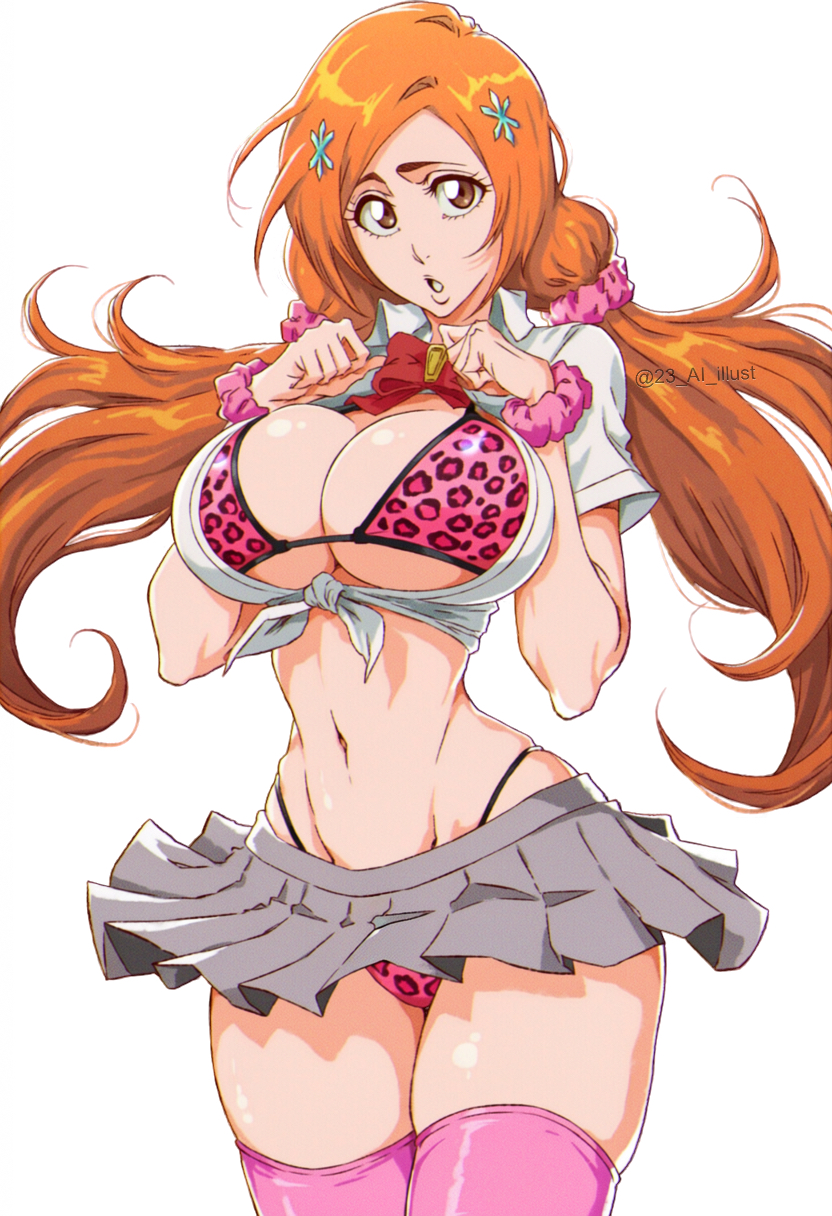 1girls, 23 ai illust, ai generated, bleach, gyaru, huge breasts, inoue orihime, leopard print, leopard print bikini, miniskirt, neckline, pink leopard print, provocative, provocative clothing, school uniform, schoolgirl, twintails