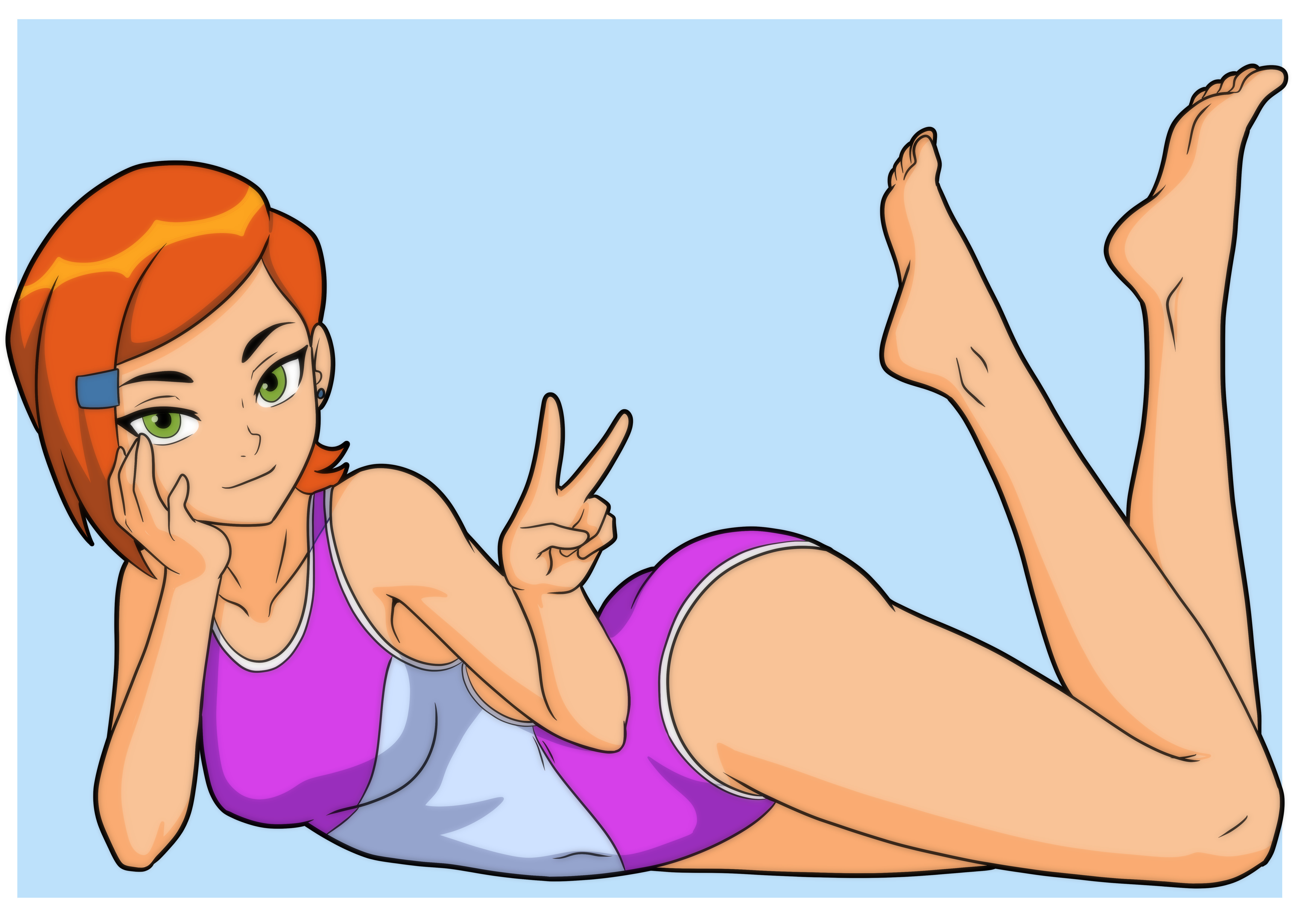 barefoot, ben 10, ben 10 (classic), cartoon network, green eyes, gwen tennyson, gwen tennyson (classic), hairclip, official alternate costume, one piece swimsuit, orange hair, peace sign, red hair, solo, solo female, swimsuit, valker