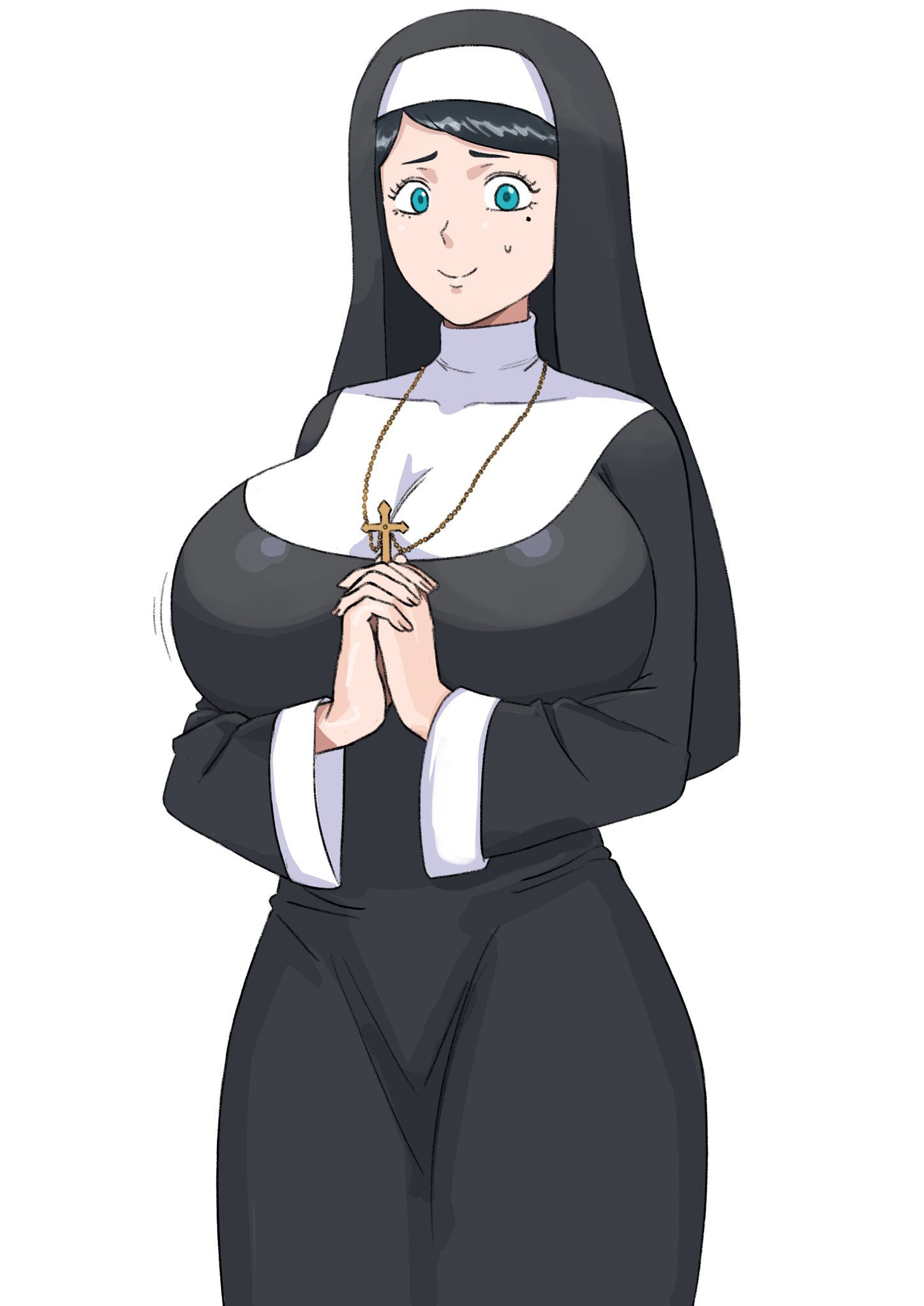 1girls, anime, anime character, anime girl, black clover, black hair, blue eyes, color, cross, curvy female, digital drawing (artwork), digital media (artwork), female, female focus, female only, holding hands, hourglass figure, hourglass figured female, huge breasts, light skin, light-skinned female, lily aquaria, mature body, mature female, mature woman, nun, nun hat, nun outfit, nun's habit, priest, priestess, religious, religious clothing, religious girl, sfw, simple background, smile, smiling at viewer, standing, tight clothing, white background