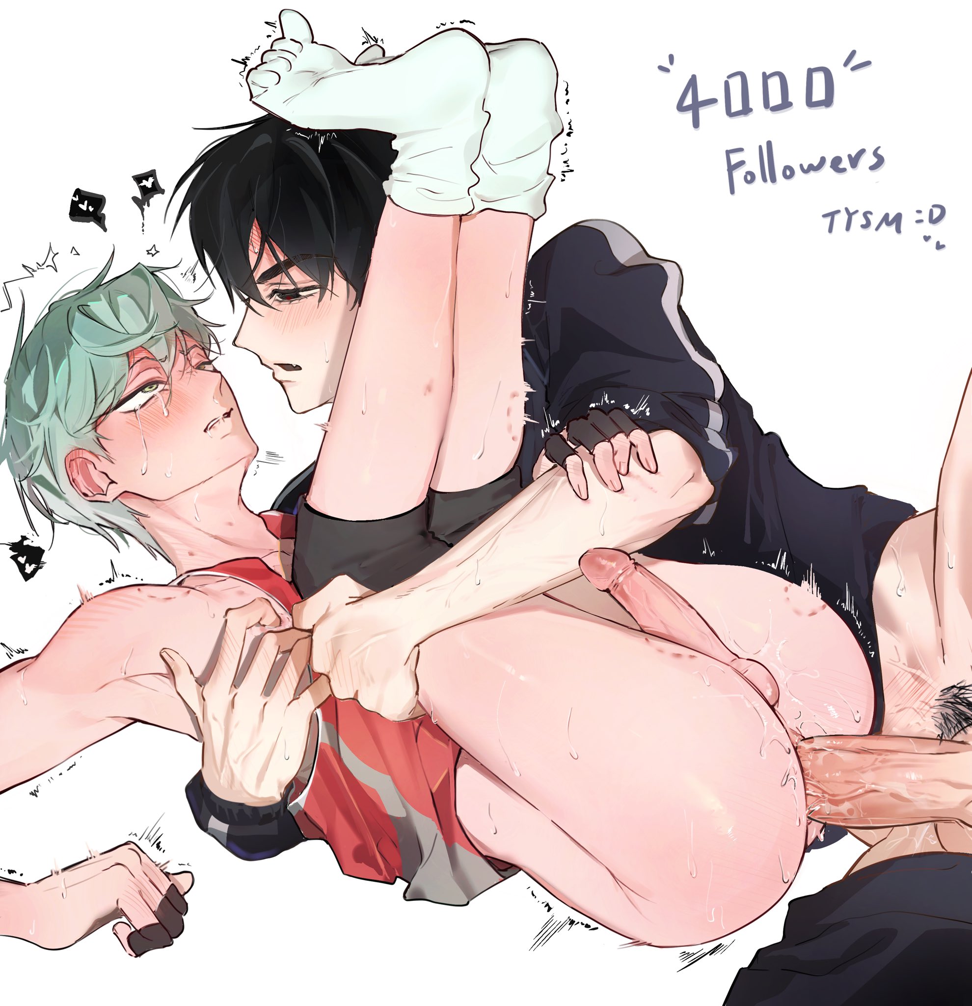 2boys, alien stage, anal, anal sex, bite mark, bite mark on leg, bite mark on thigh, black eyes, black hair, black jacket, crying, green eyes, heart, ivan (alien stage), jacket, knee pads, male focus, mating press, milestone celebration, penis, red tank top, sex, tank top, till (alien stage), toe socks, white background, white socks, yaoi