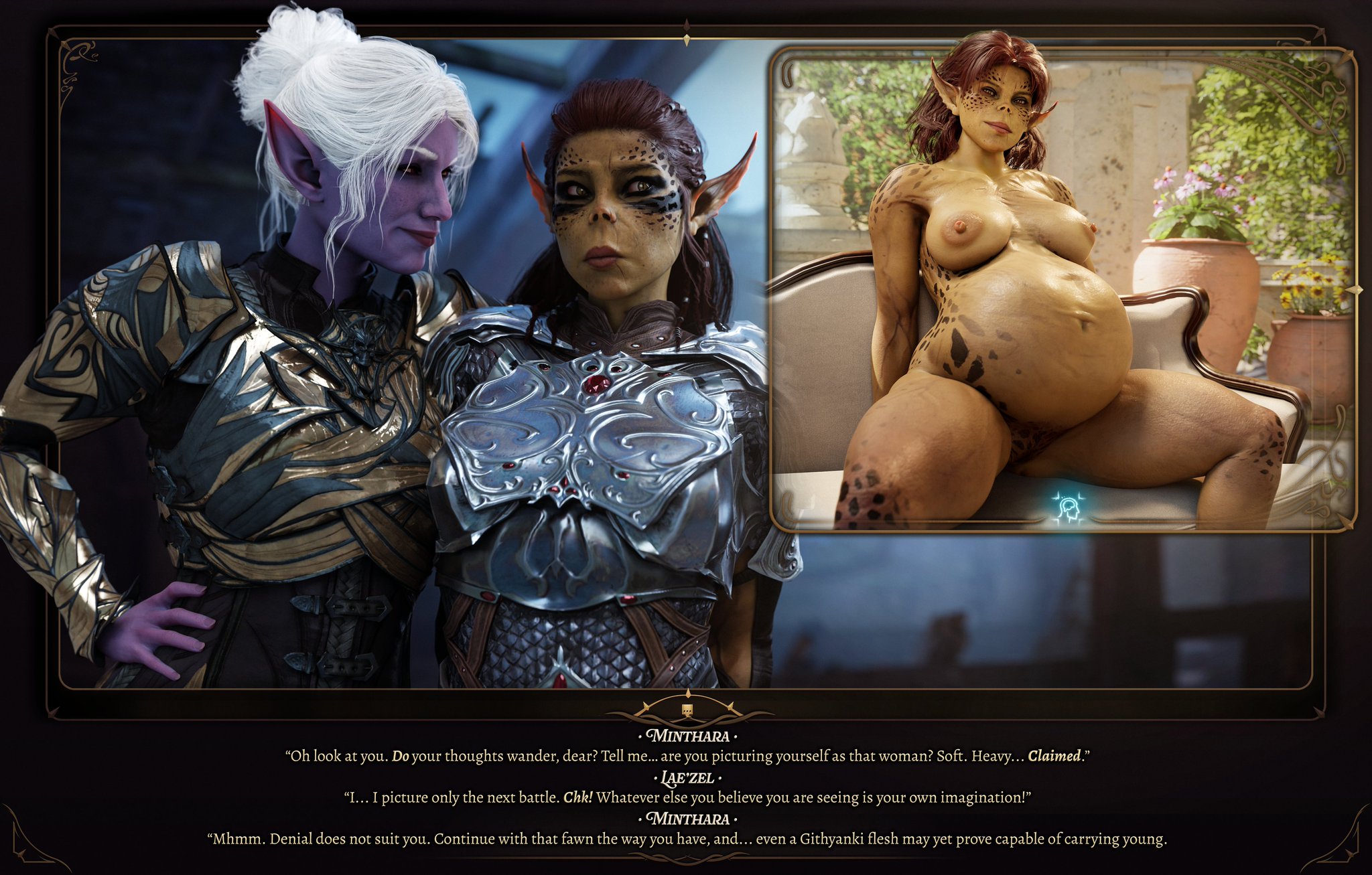 2girls, 3d, 3girls, baldur's gate, baldur's gate 3, big ass, big breasts, big thighs, breasts, bust, busty, chest, curvaceous, curvy, curvy figure, digital media (artwork), dinoboy555, drow, dungeons and dragons, female, forgotten realms, gith, githyanki, green body, green skin, green-skinned female, hips, hourglass figure, huge ass, huge breasts, huge thighs, humanoid, lae'zel, large ass, large breasts, large thighs, larian studios, legs, long ears, mature, mature female, minthara, pointy ears, pregnant, slim waist, thick, thick hips, thick legs, thick thighs, thighs, voluptuous, waist, wide hips